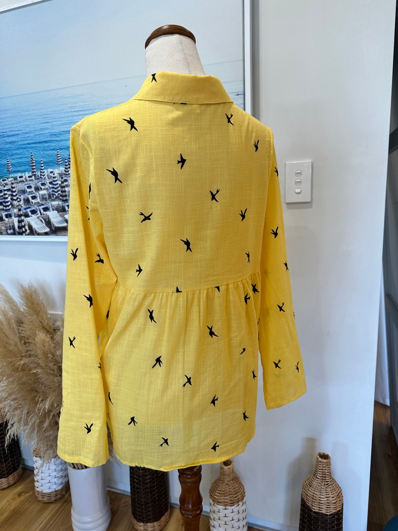 Yellow Shirt w Bird Print - Medium 