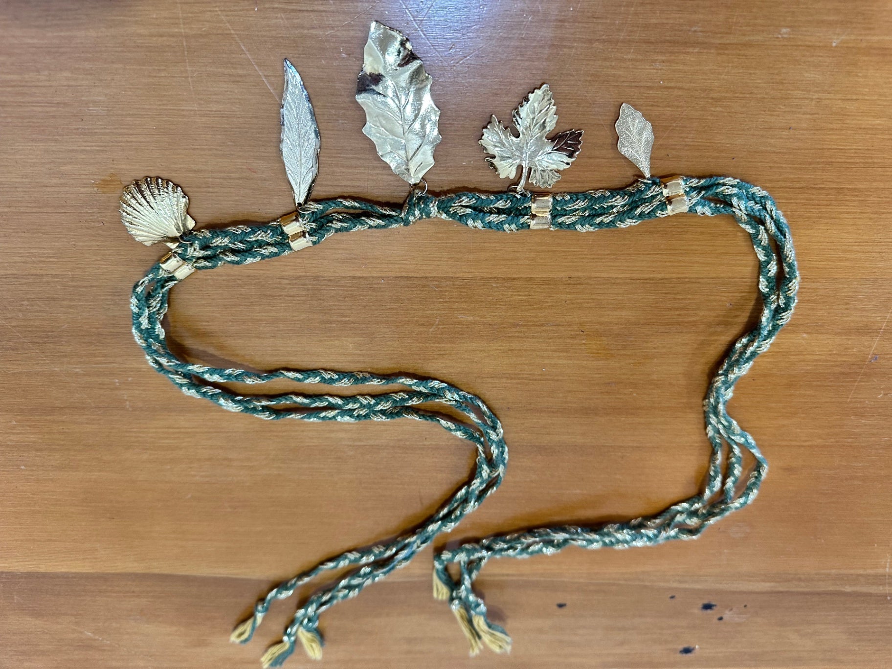 Vintage Belt - Green and Gold w leaf / shell adornment