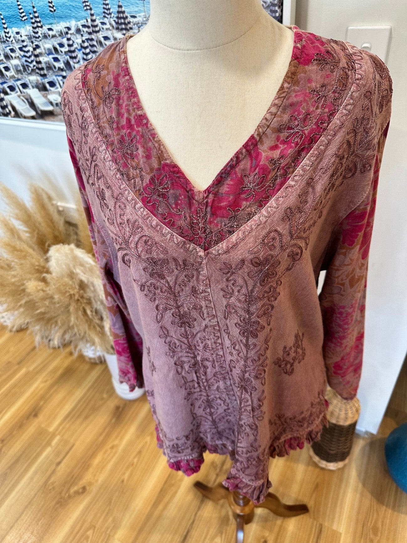 Pink Top with Embroidery and Long Sleeves - Size Small