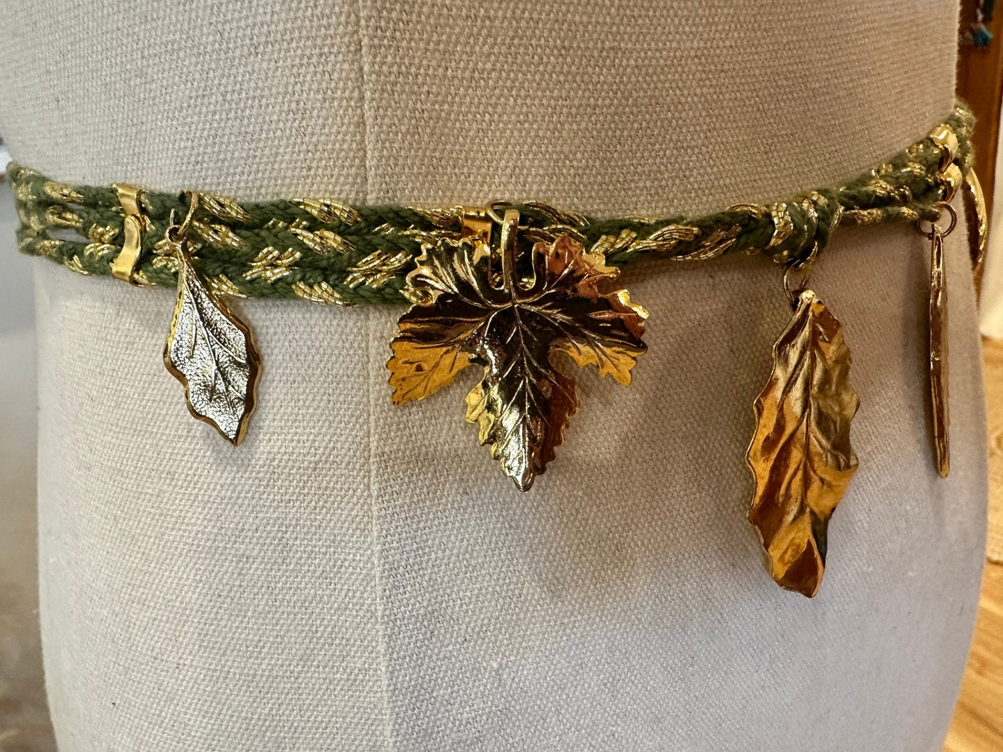 Vintage Belt - Green and Gold w leaf / shell adornment
