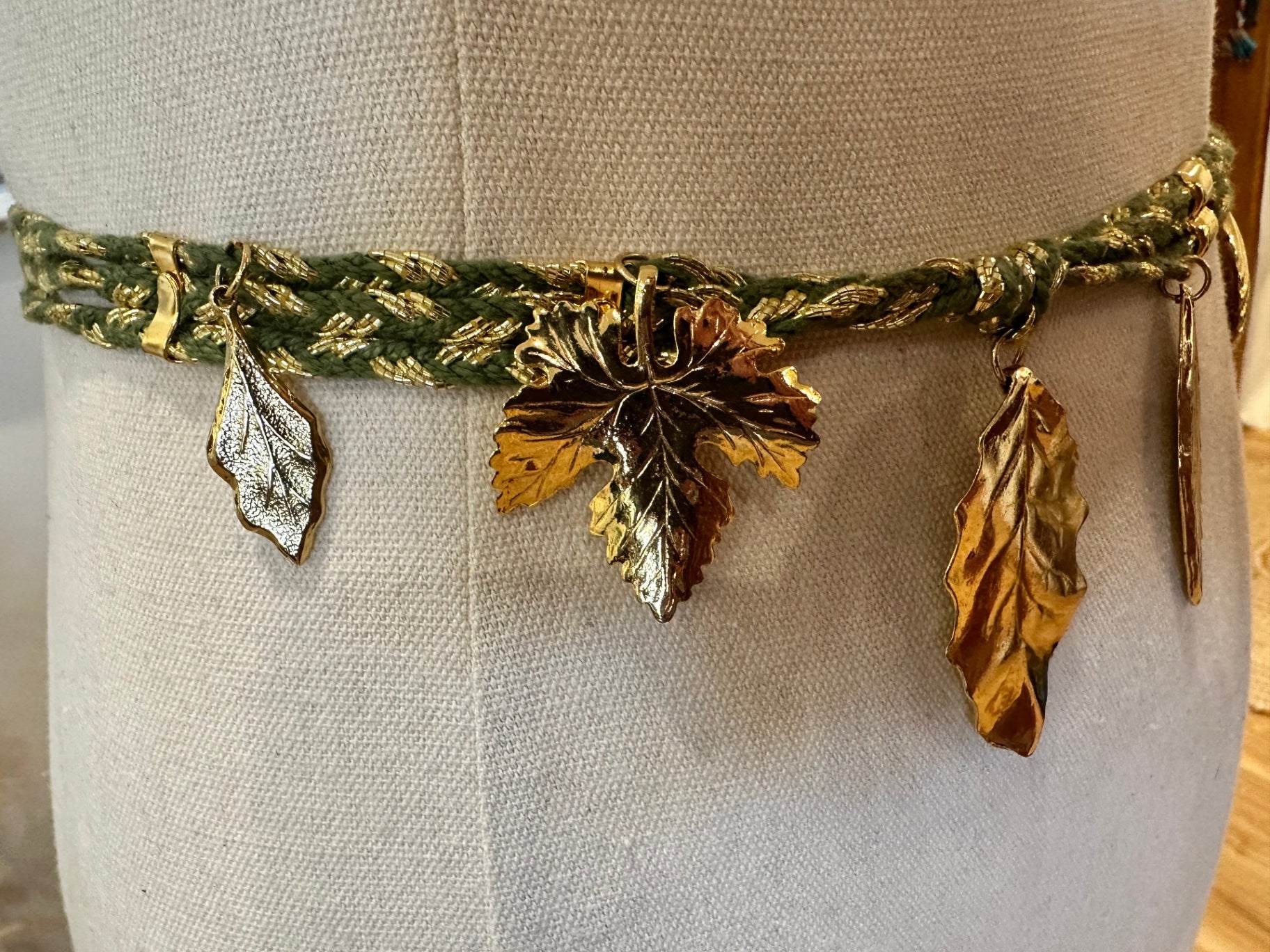 Vintage Belt - Green and Gold w leaf / shell adornment