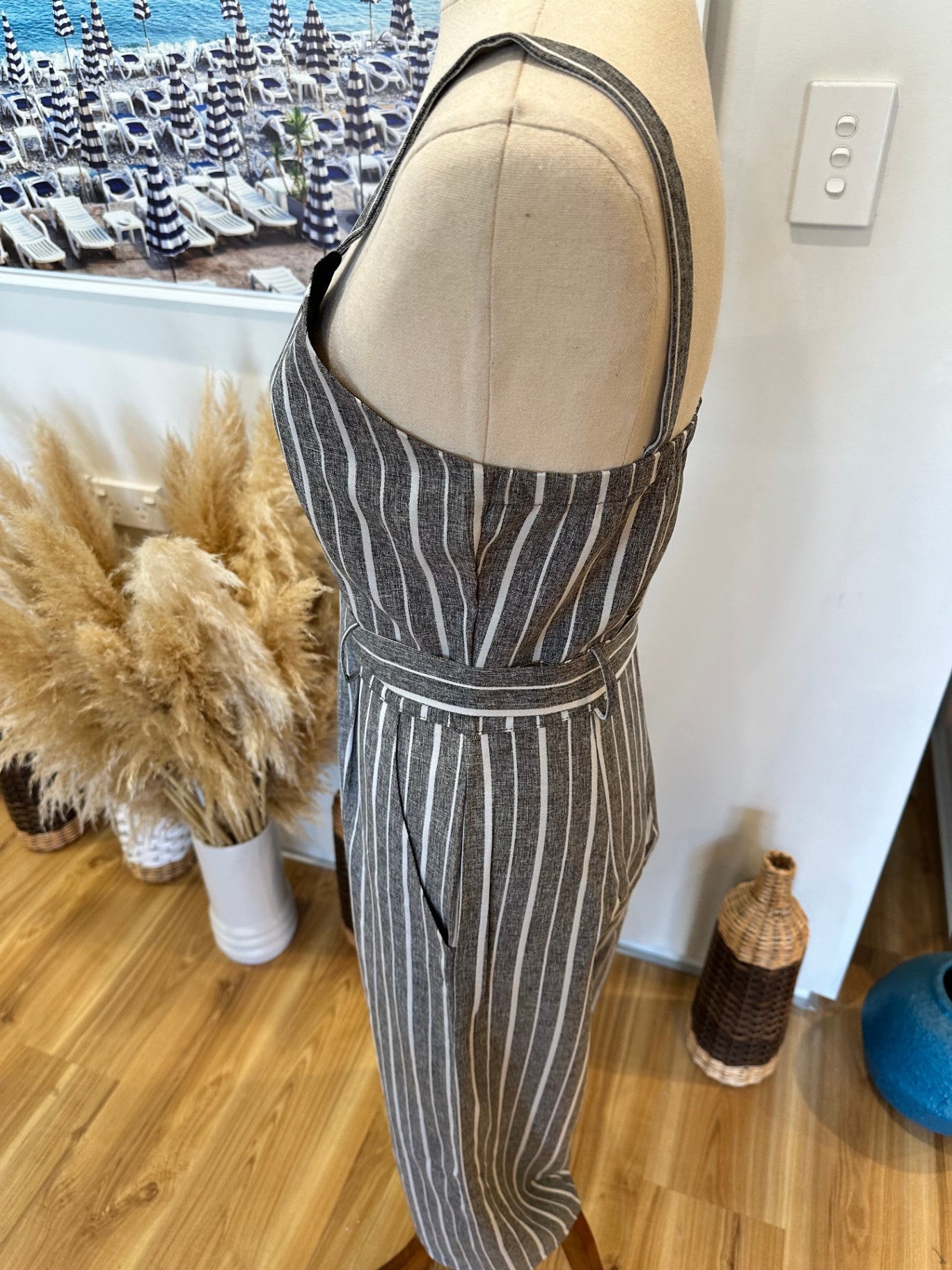 Caroline Morgan - Jumpsuit - Size 8 - Grey with white stripes