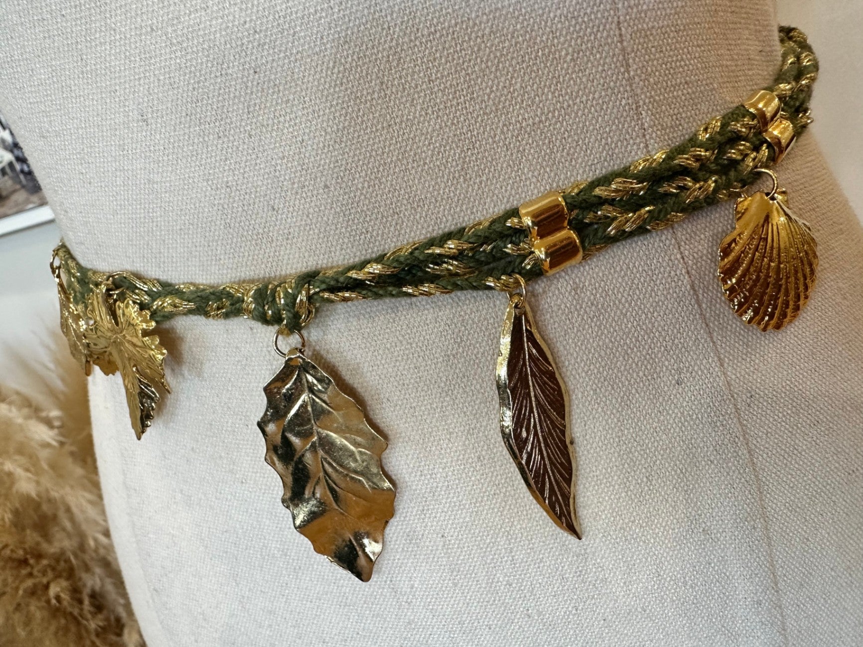Vintage Belt - Green and Gold w leaf / shell adornment