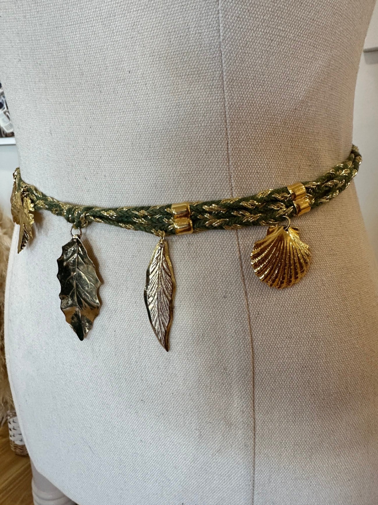 Vintage Belt - Green and Gold w leaf / shell adornment