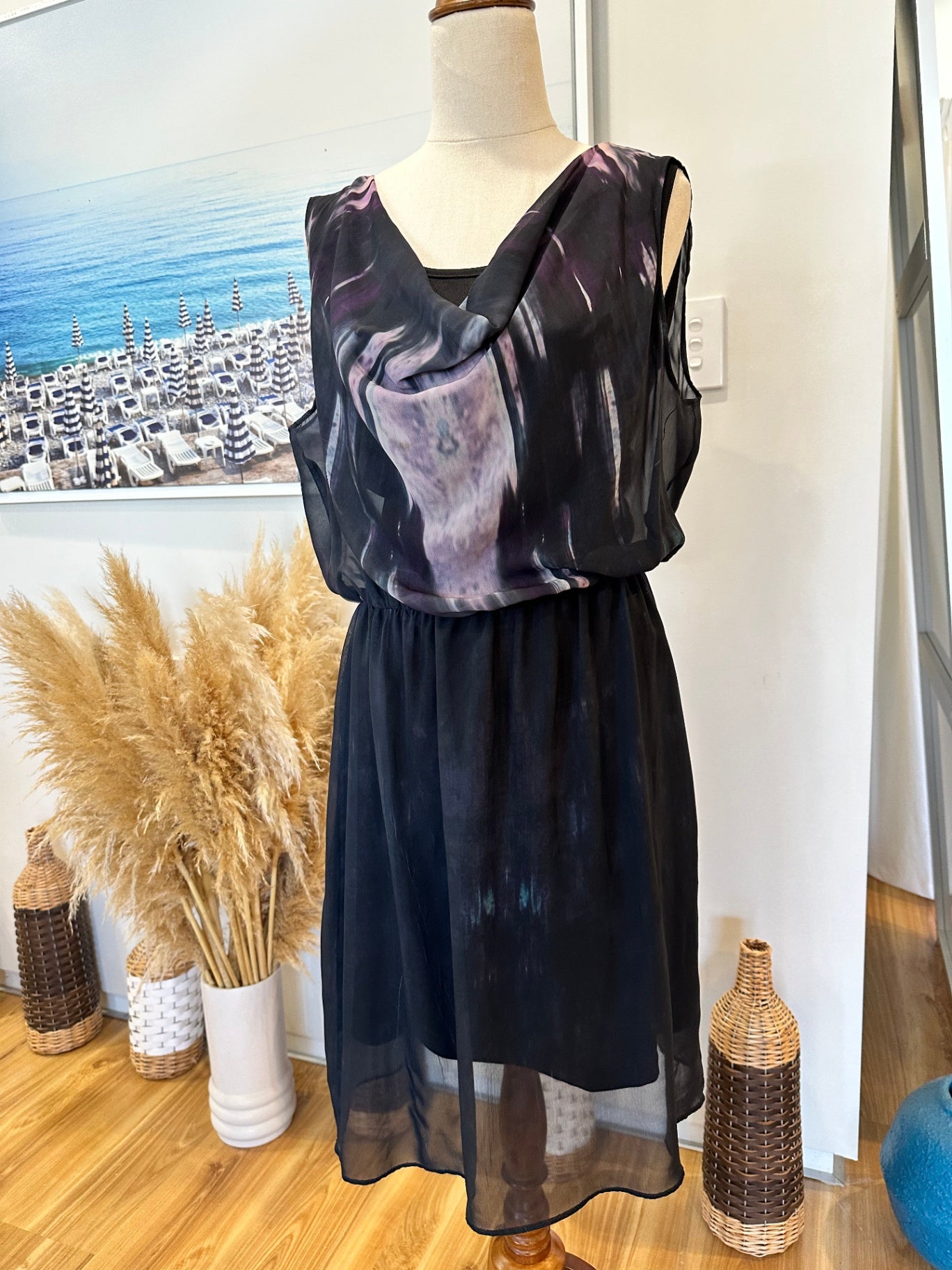 Whistle Dress - Size 10 - Black with shades of purple and pink [some pulls evident]