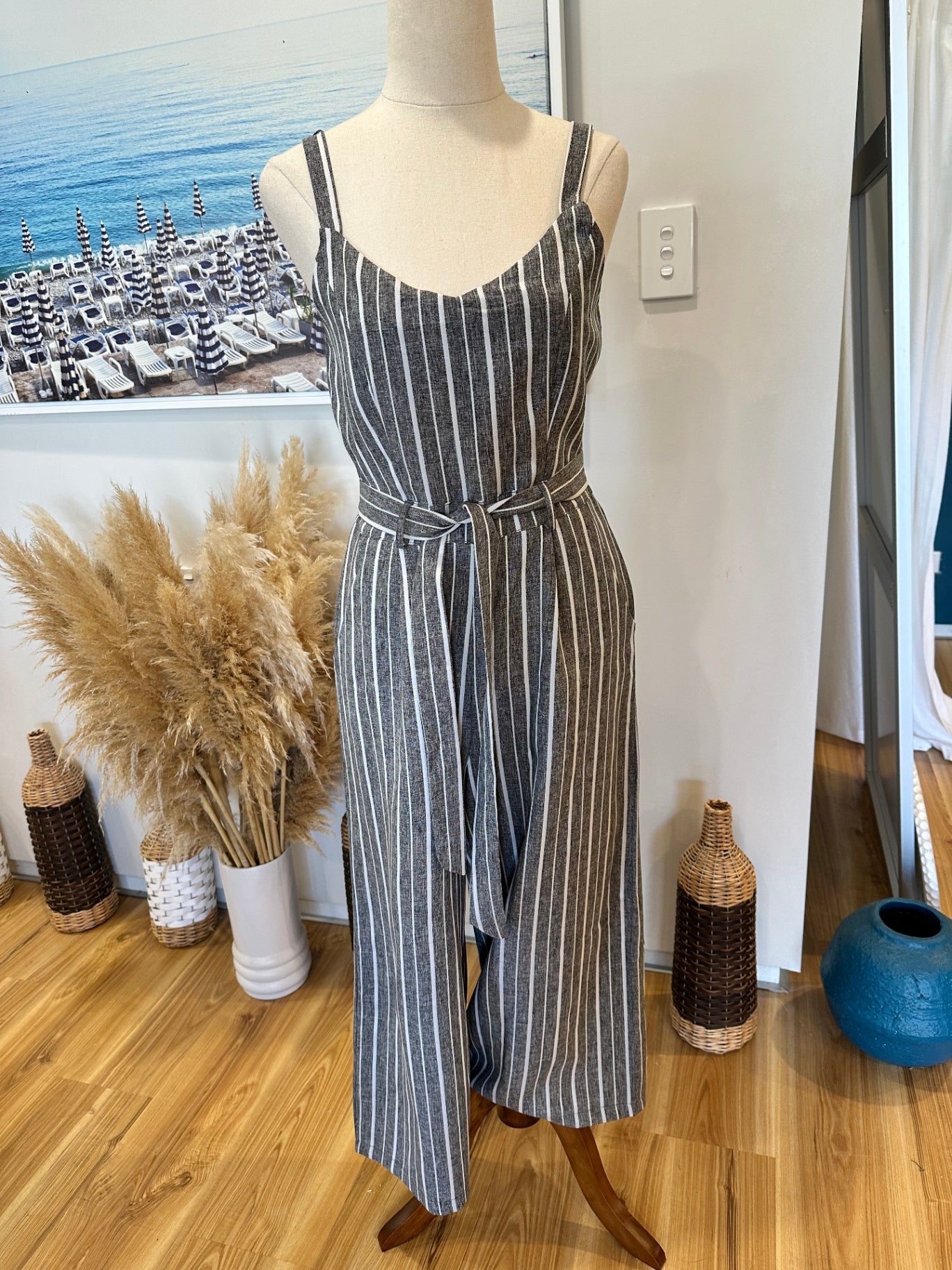 Caroline Morgan - Jumpsuit - Size 8 - Grey with white stripes