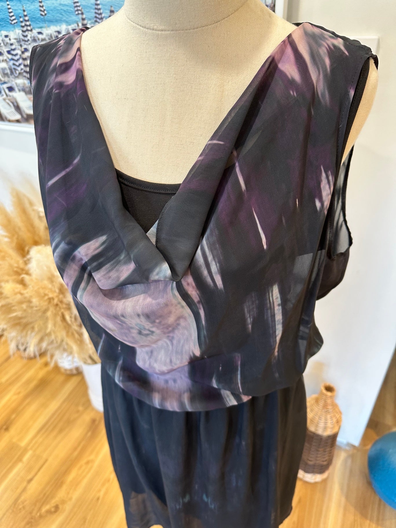 Whistle Dress - Size 10 - Black with shades of purple and pink [some pulls evident]