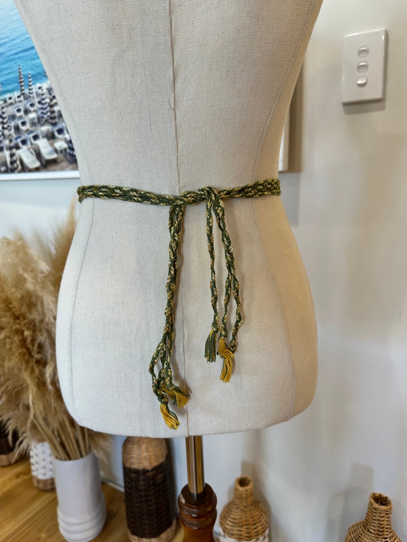 Vintage Belt - Green and Gold w leaf / shell adornment