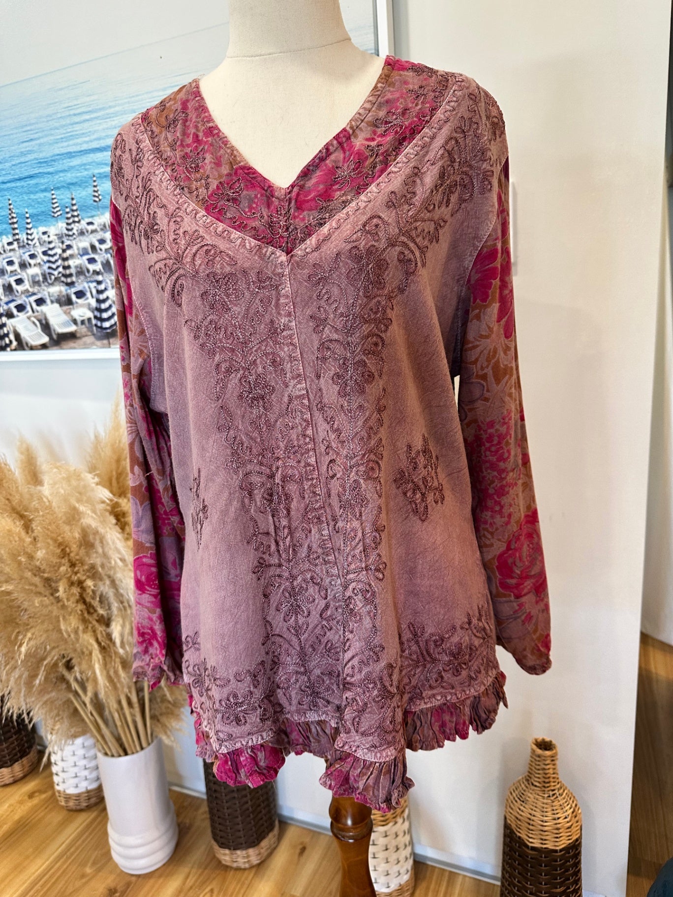 Pink Top with Embroidery and Long Sleeves - Size Small