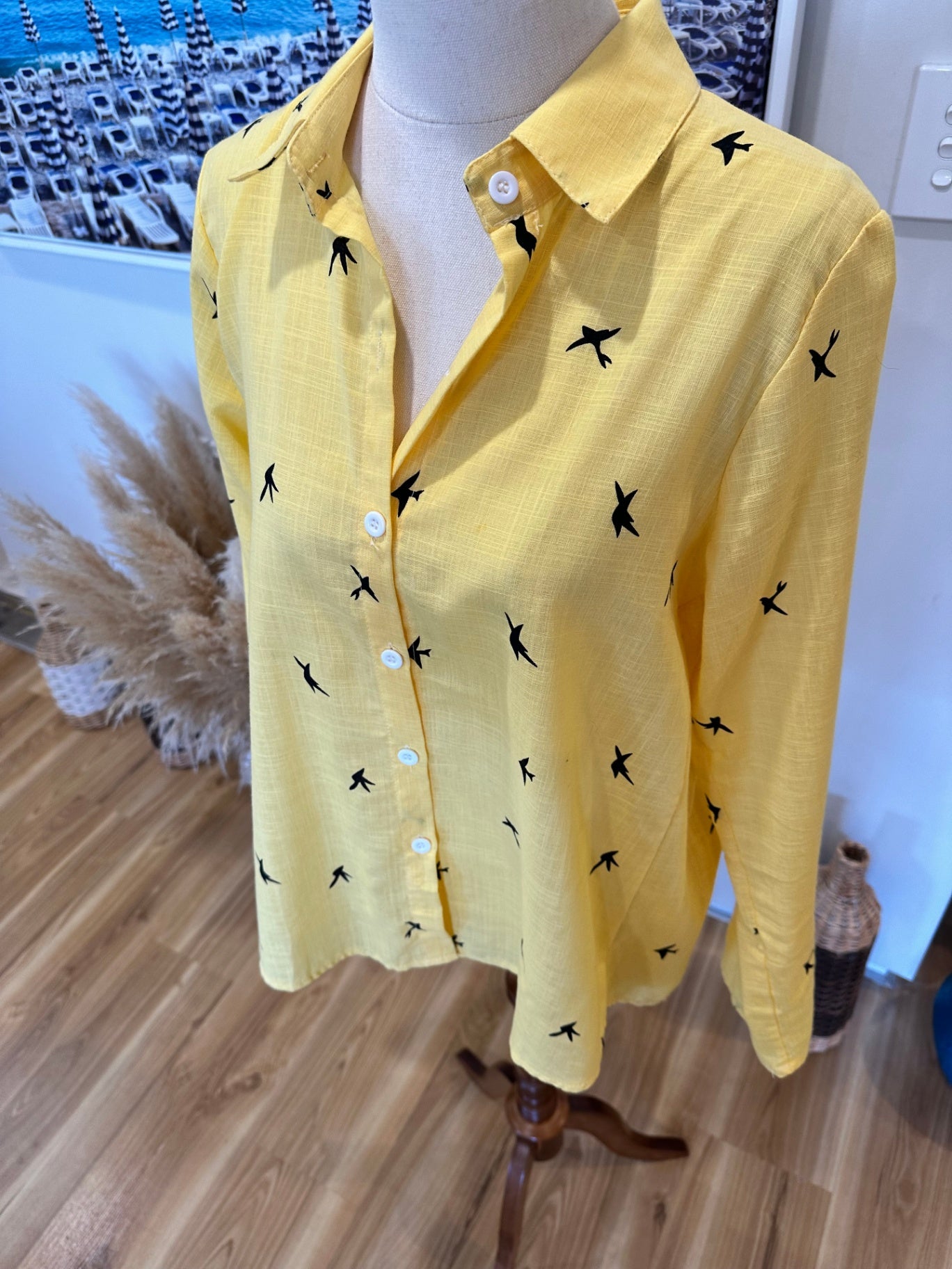 Yellow Shirt w Bird Print - Medium 