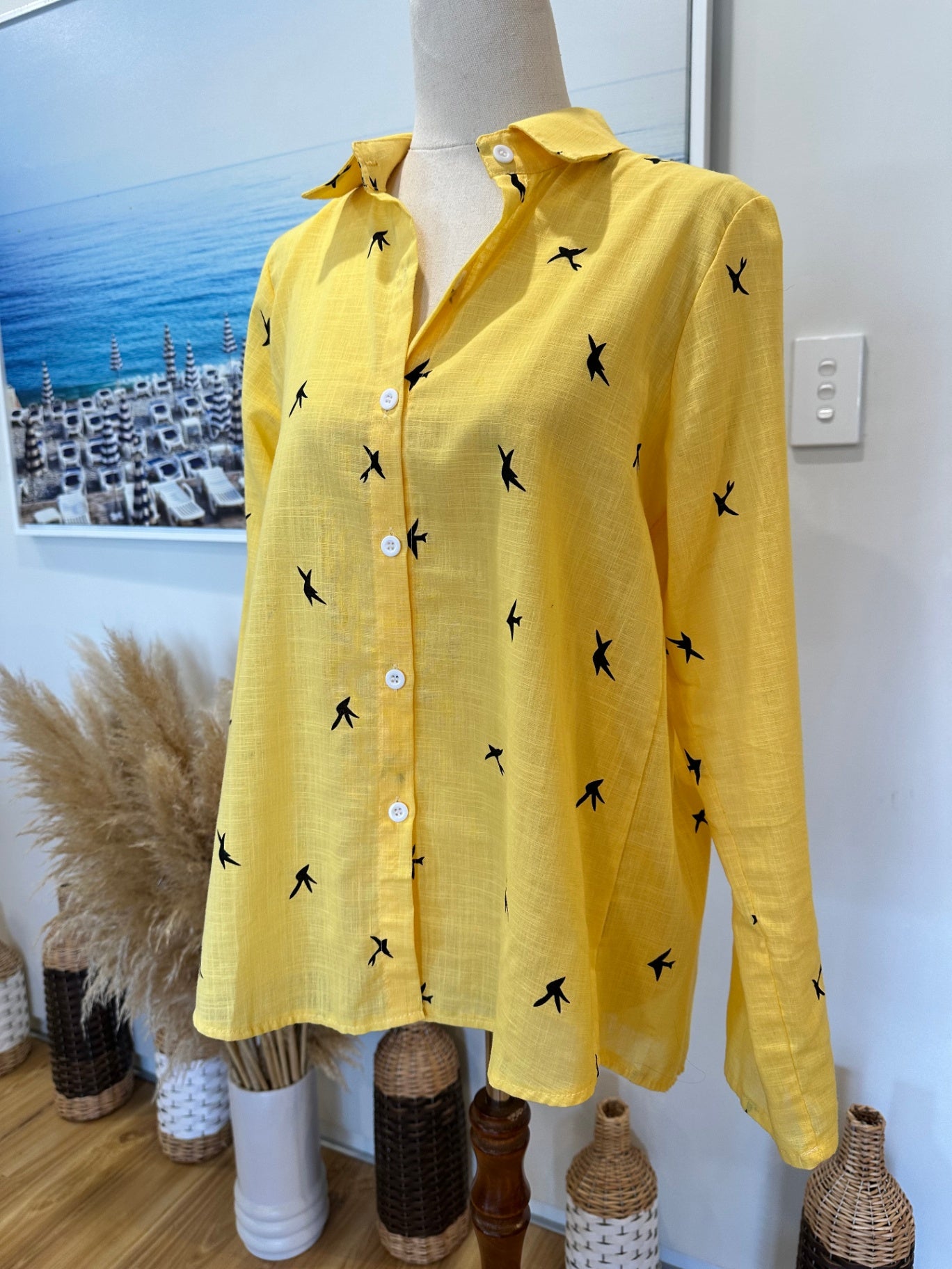 Yellow Shirt w Bird Print - Medium 