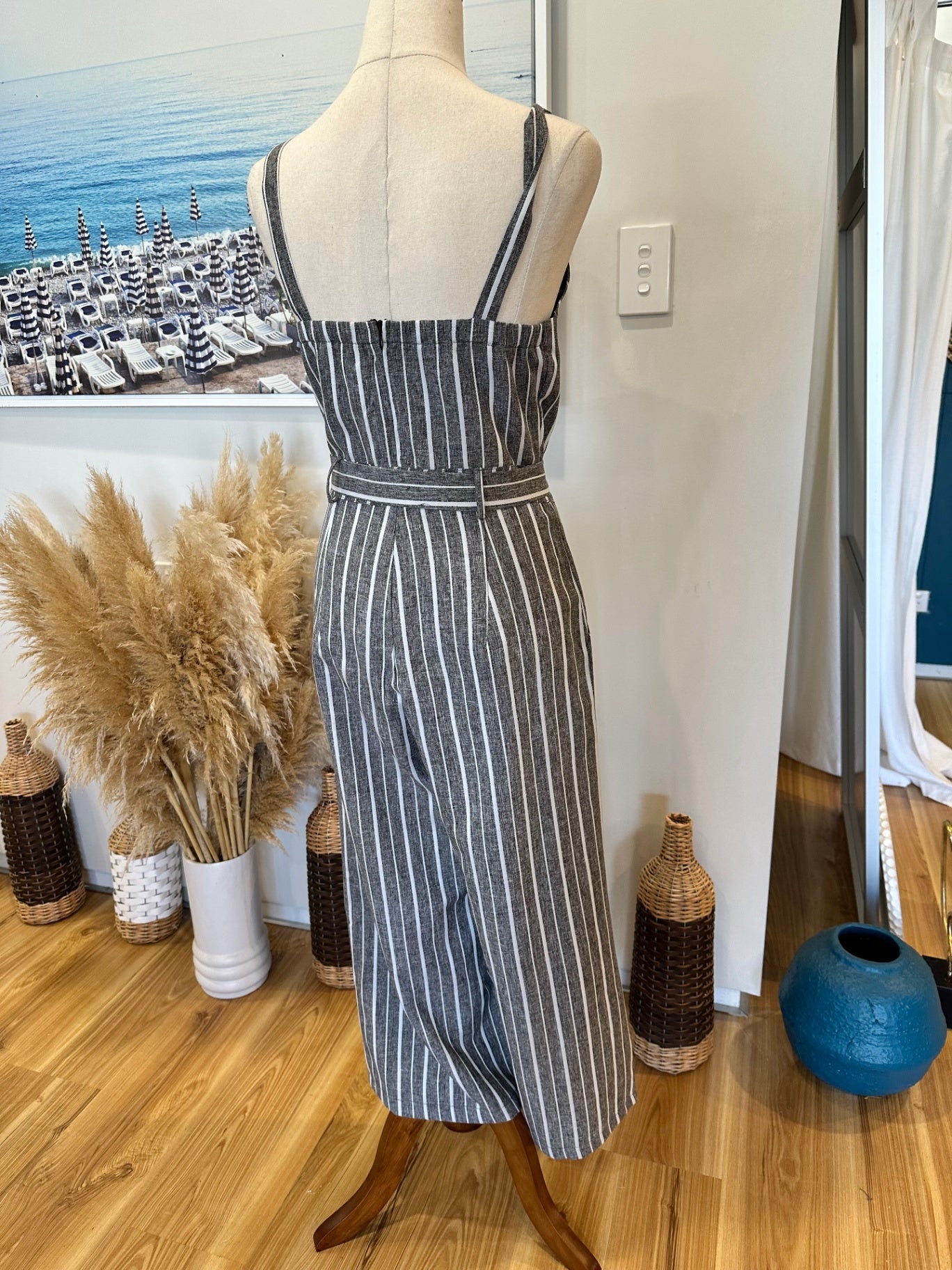 Caroline Morgan - Jumpsuit - Size 8 - Grey with white stripes