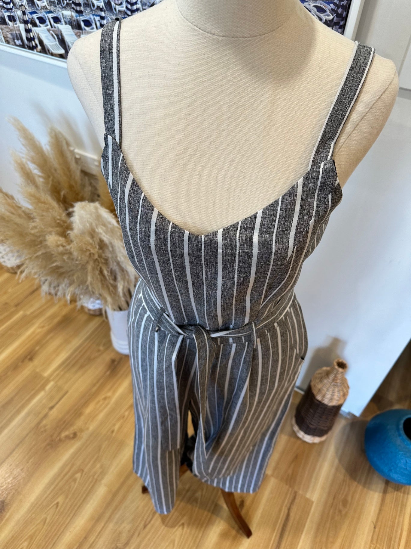 Caroline Morgan - Jumpsuit - Size 8 - Grey with white stripes
