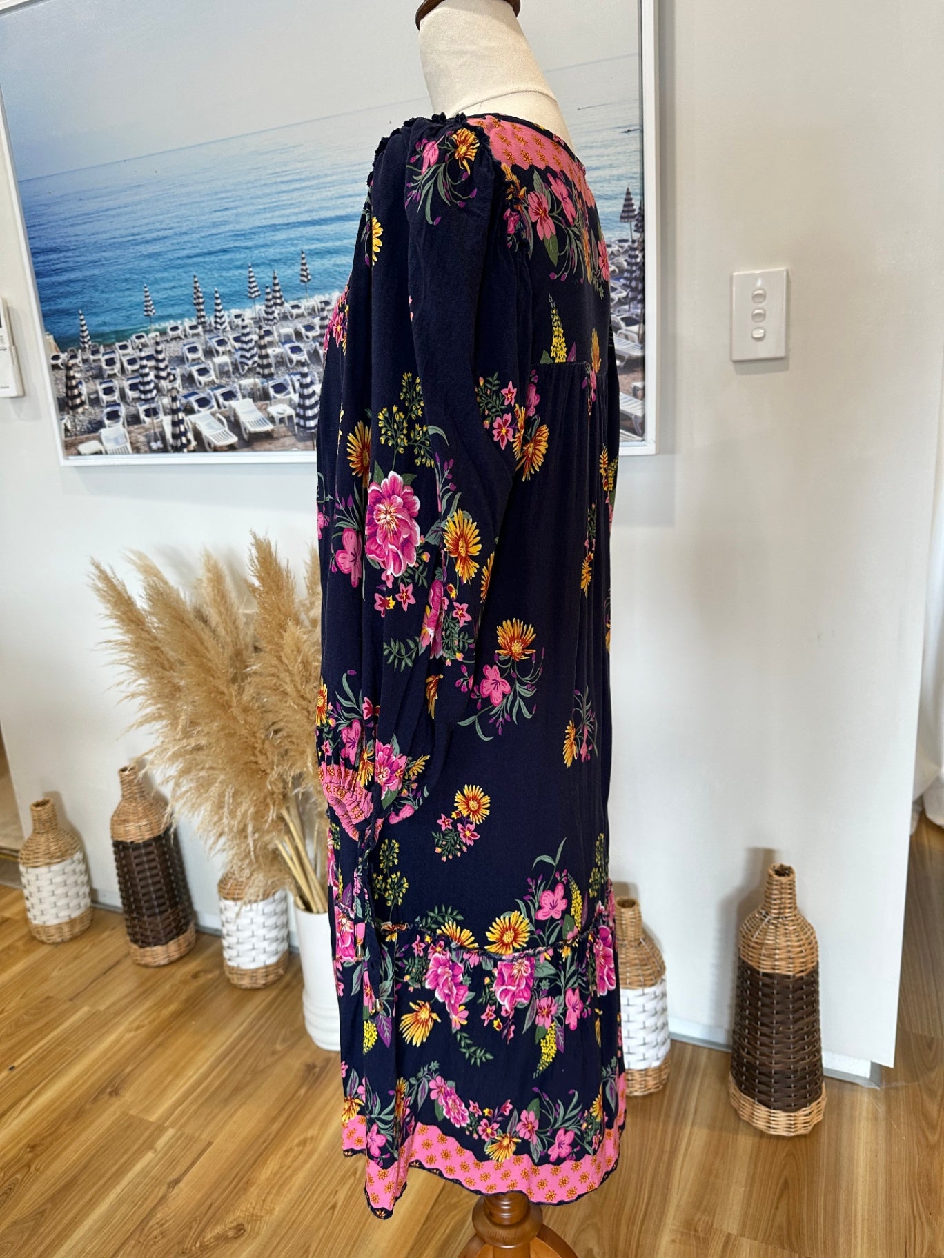 Luna Sky - Dress - Size 8 - Navy Blue with Pink, Yellow, and Green floral print