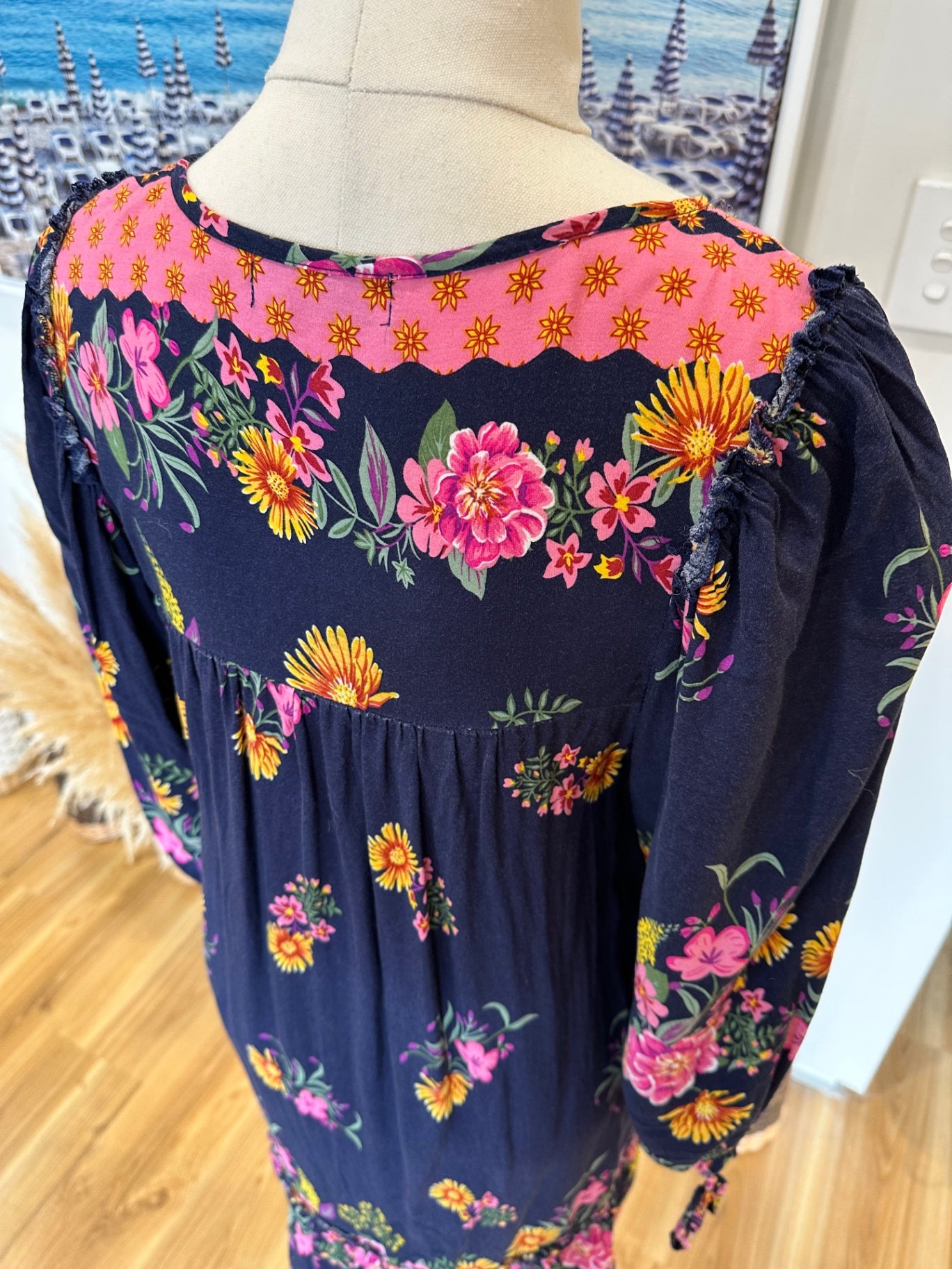 Luna Sky - Dress - Size 8 - Navy Blue with Pink, Yellow, and Green floral print