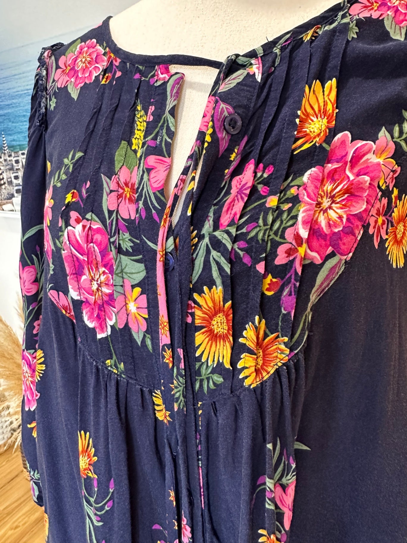 Luna Sky - Dress - Size 8 - Navy Blue with Pink, Yellow, and Green floral print