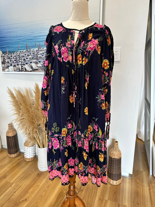 Luna Sky - Dress - Size 8 - Navy Blue with Pink, Yellow, and Green floral print
