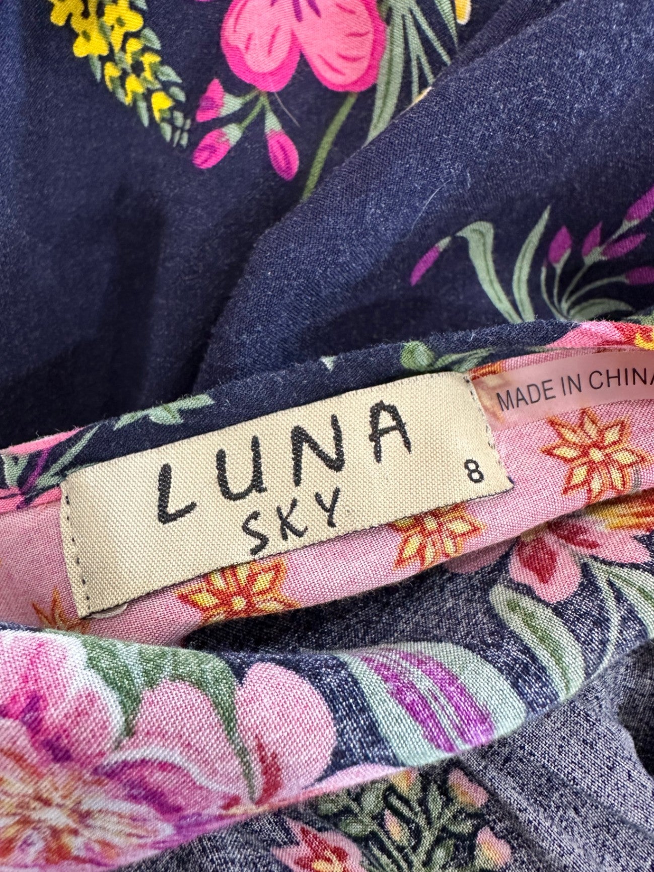 Luna Sky - Dress - Size 8 - Navy Blue with Pink, Yellow, and Green floral print