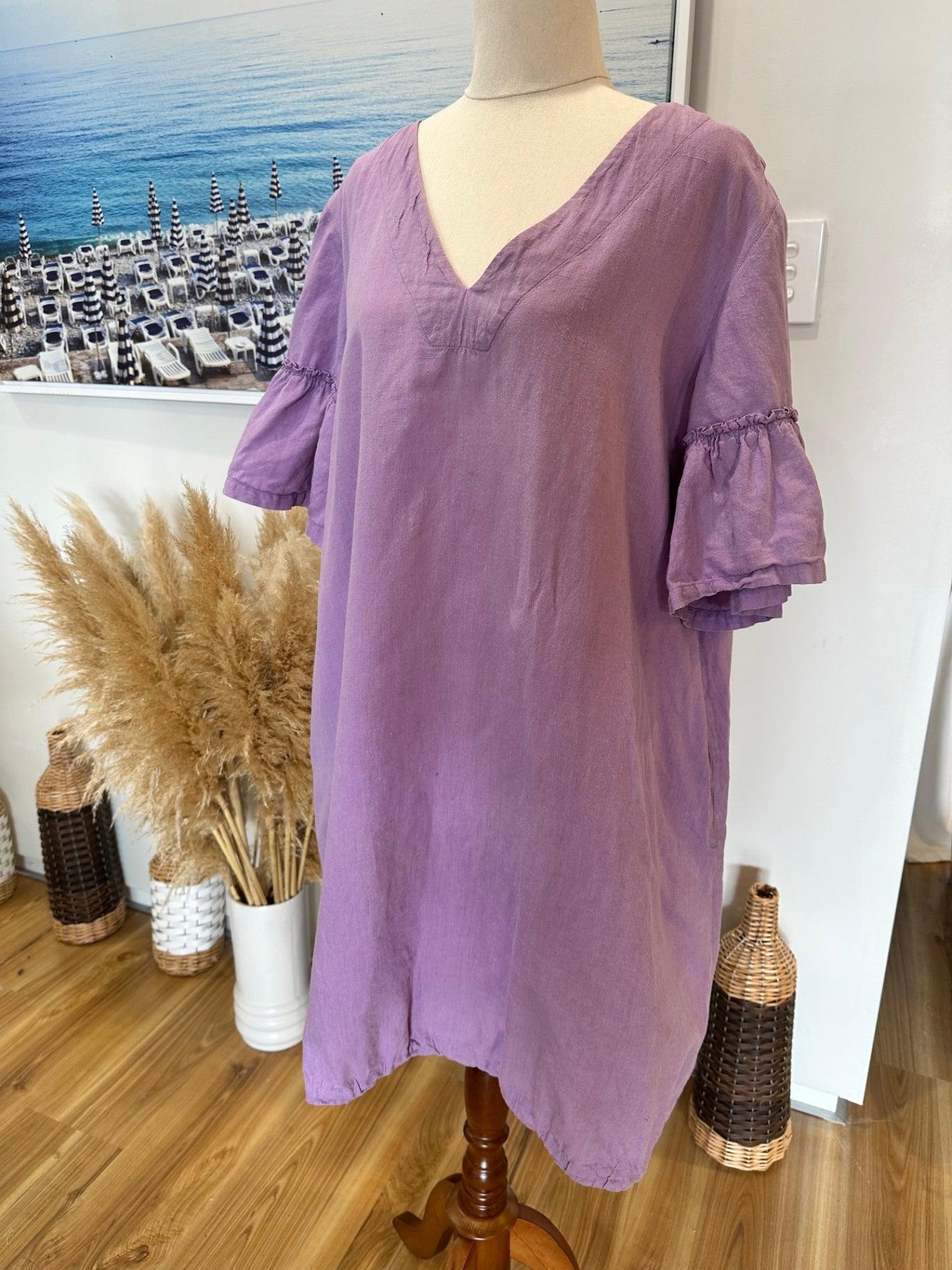 Gorman Dress - Size 12 - Lavender - 50% Cotton + 50% Linen [Some light staining]