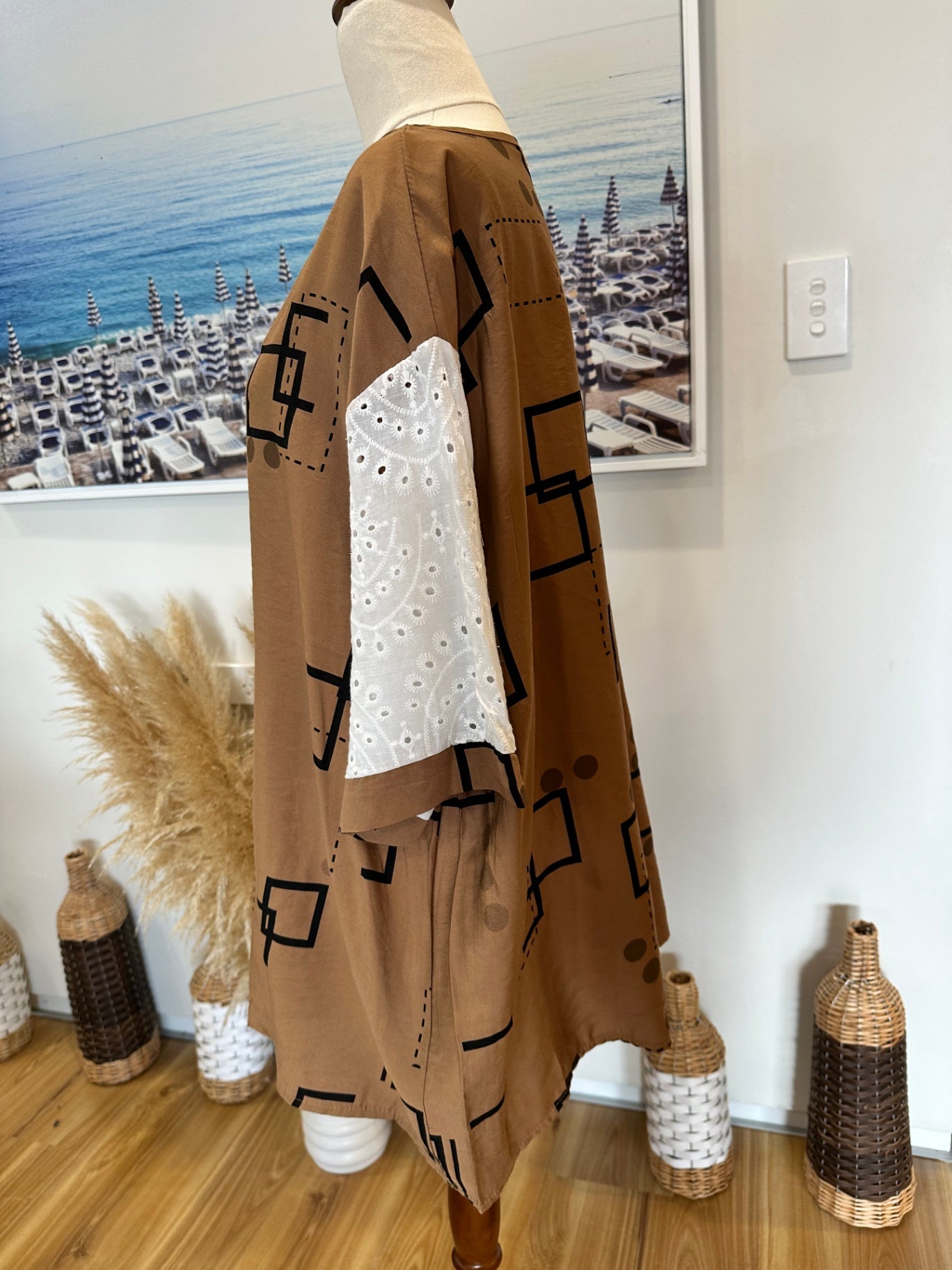 Blouse - Size Large - Brown w Geometric Print