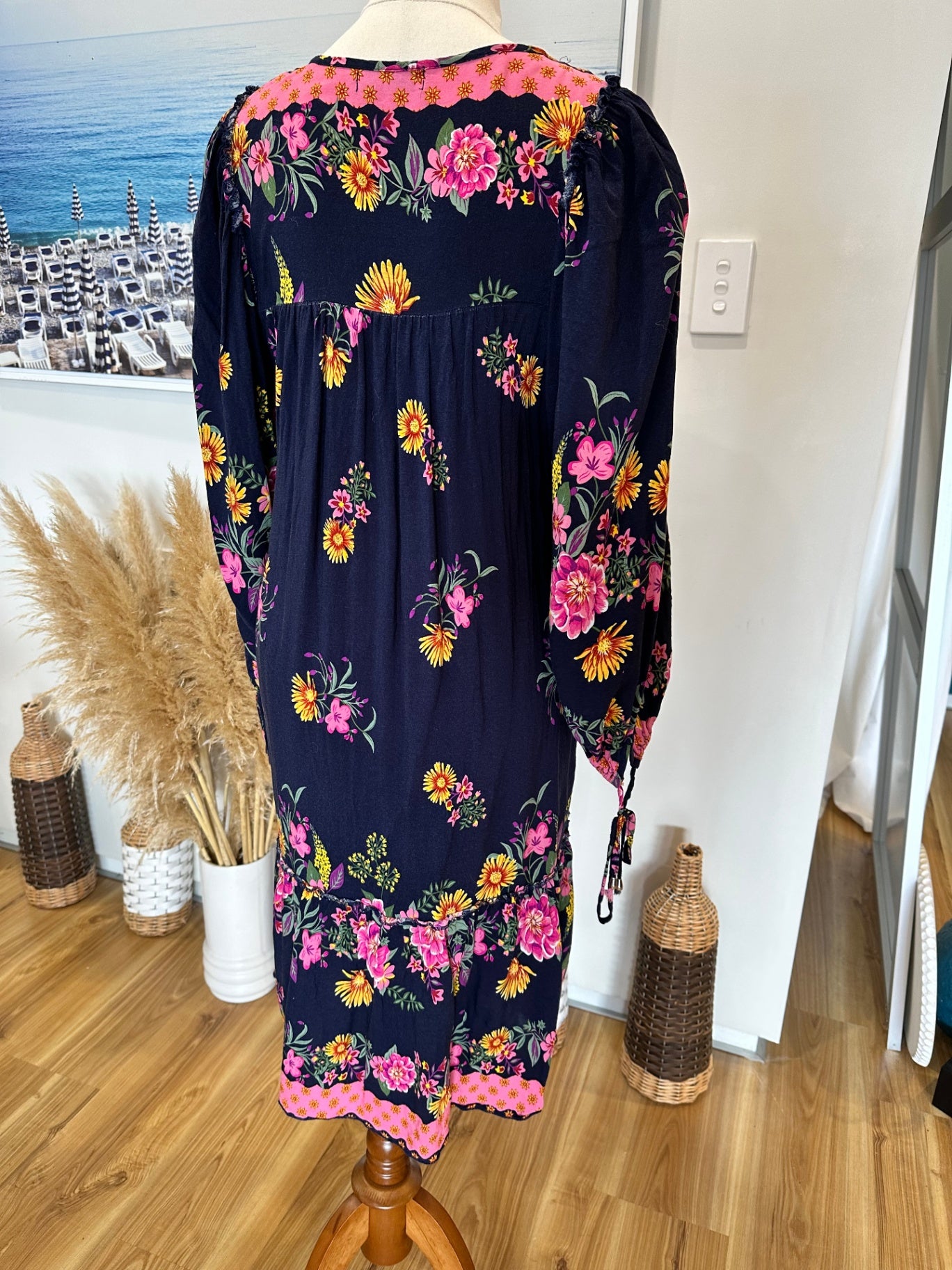 Luna Sky - Dress - Size 8 - Navy Blue with Pink, Yellow, and Green floral print