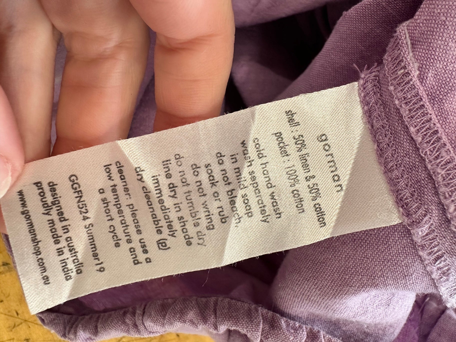 Gorman Dress - Size 12 - Lavender - 50% Cotton + 50% Linen [Some light staining]