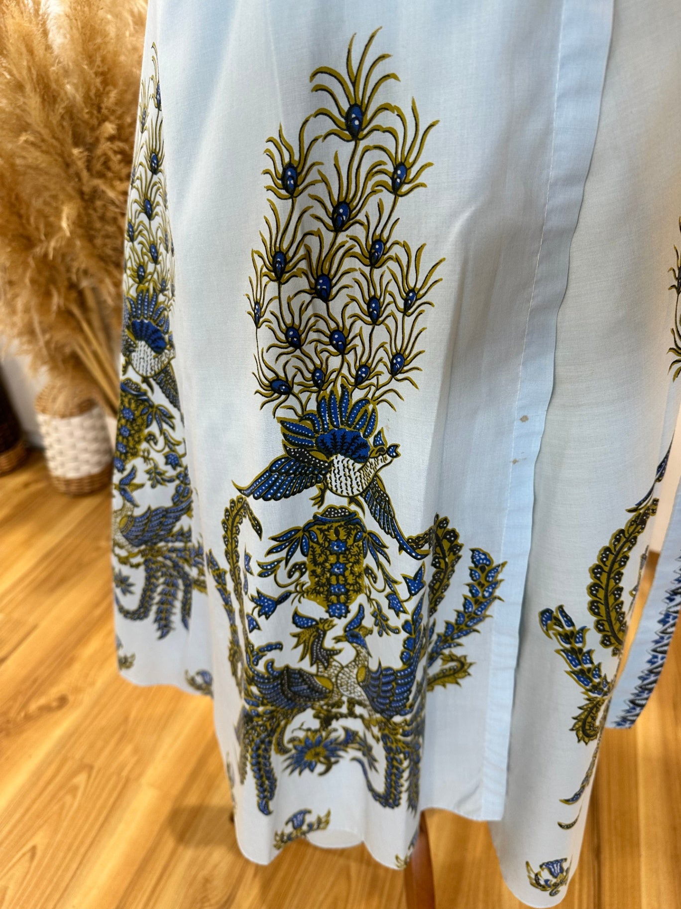 Vintage - Wrap Around Skirt - One Size - Pale Blue with Peacock Print