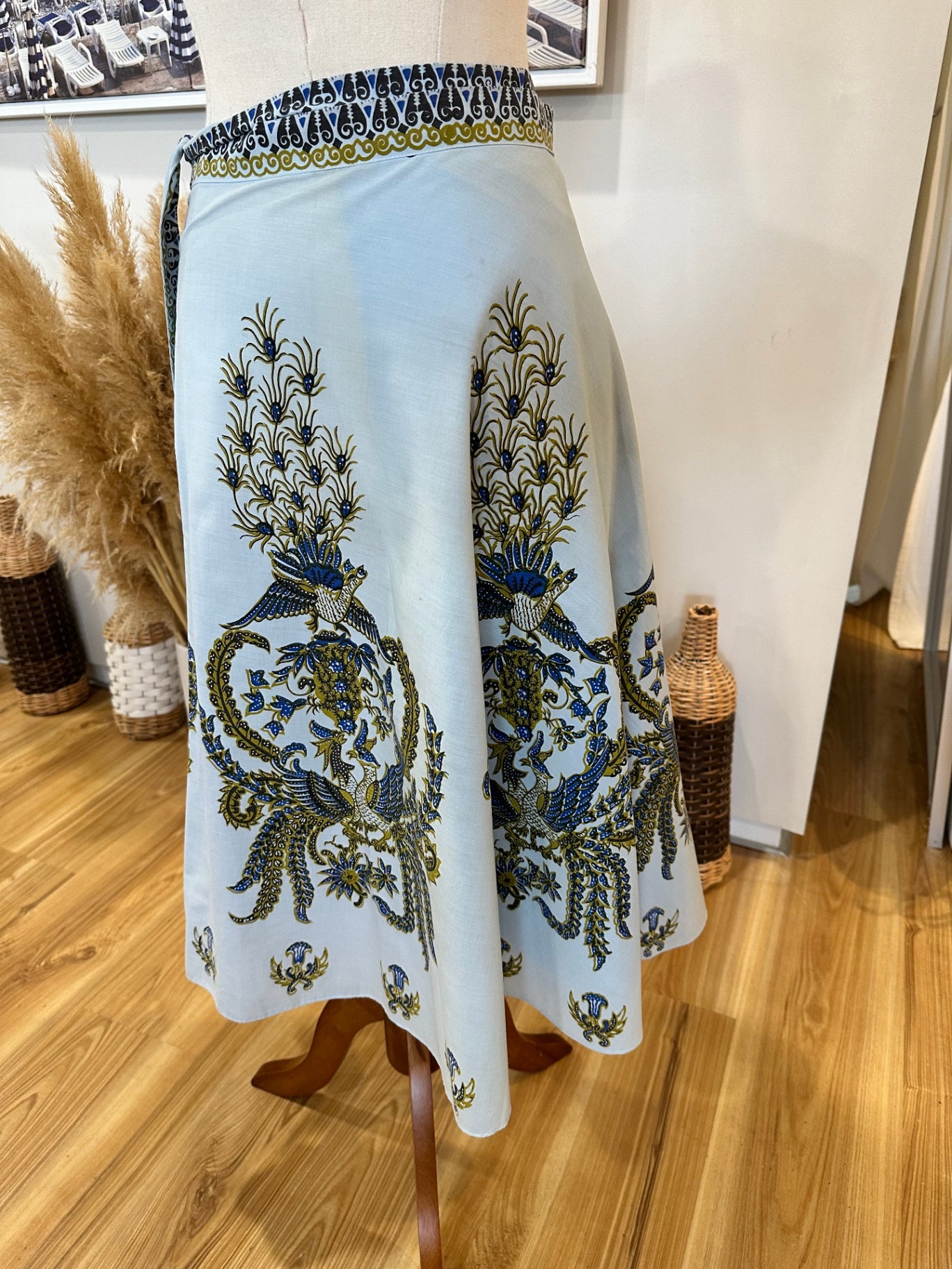 Vintage - Wrap Around Skirt - One Size - Pale Blue with Peacock Print