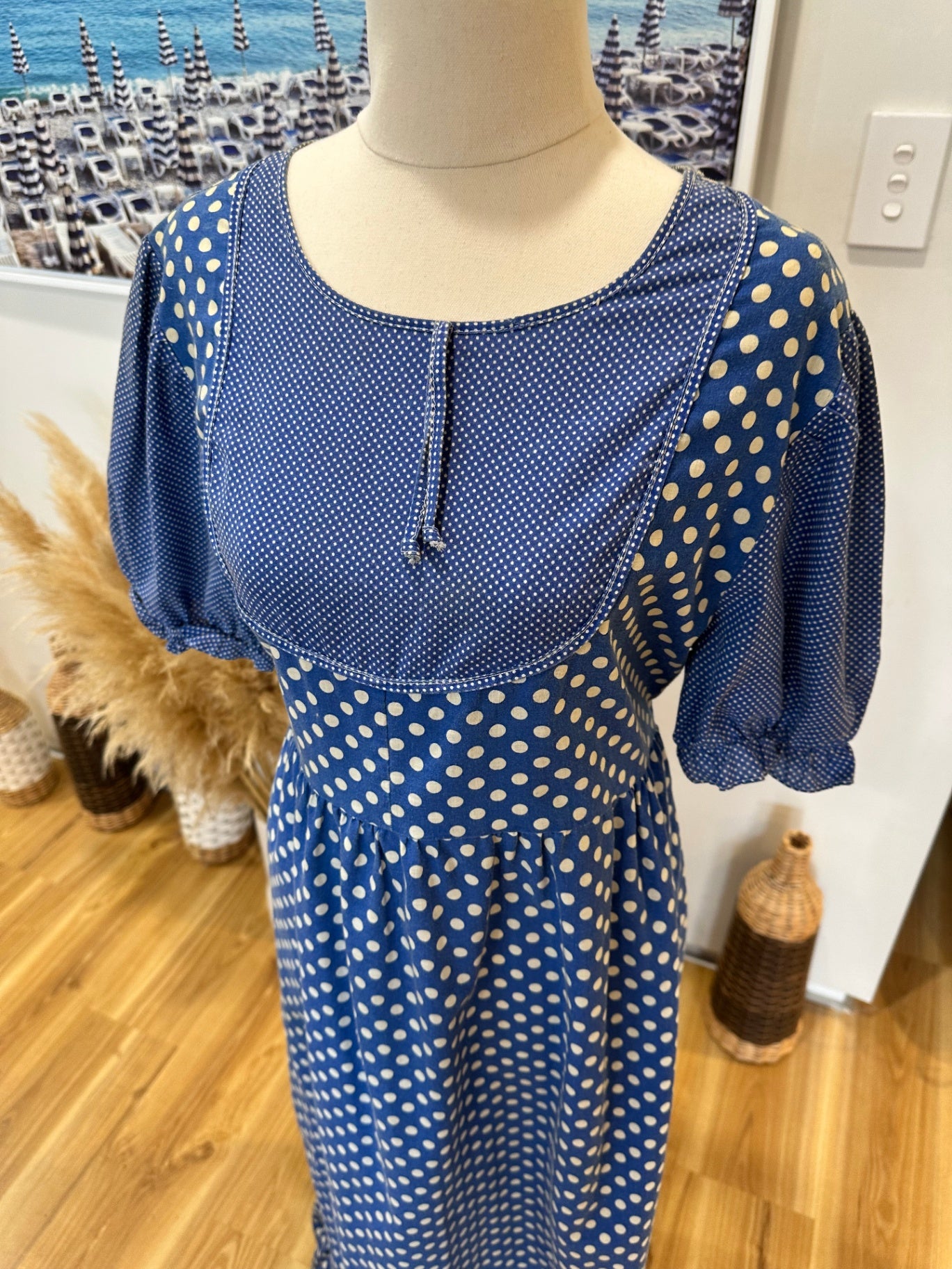 Vintage Dress - Size Medium - Blue with white polka dots - Cottagecore