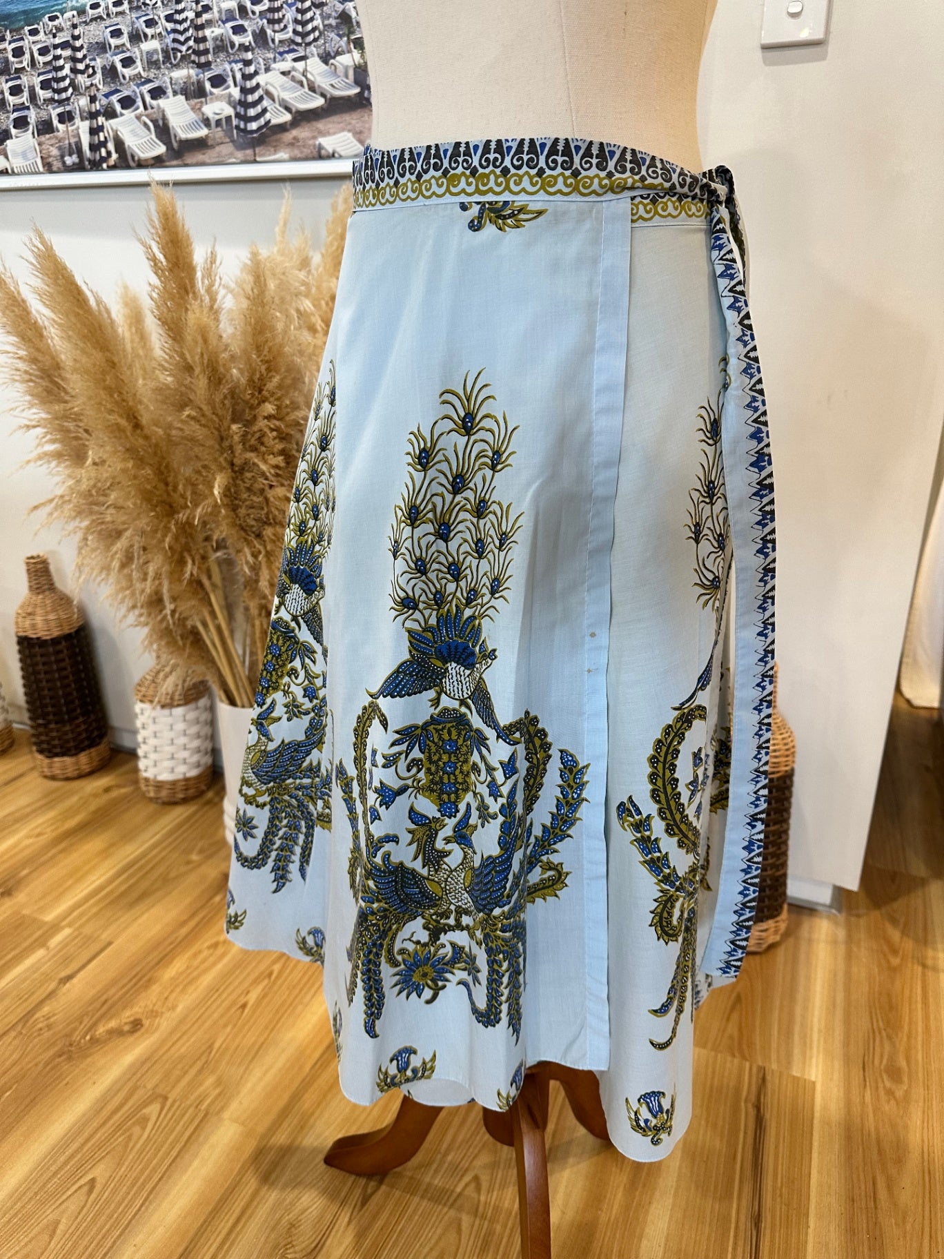 Vintage - Wrap Around Skirt - One Size - Pale Blue with Peacock Print
