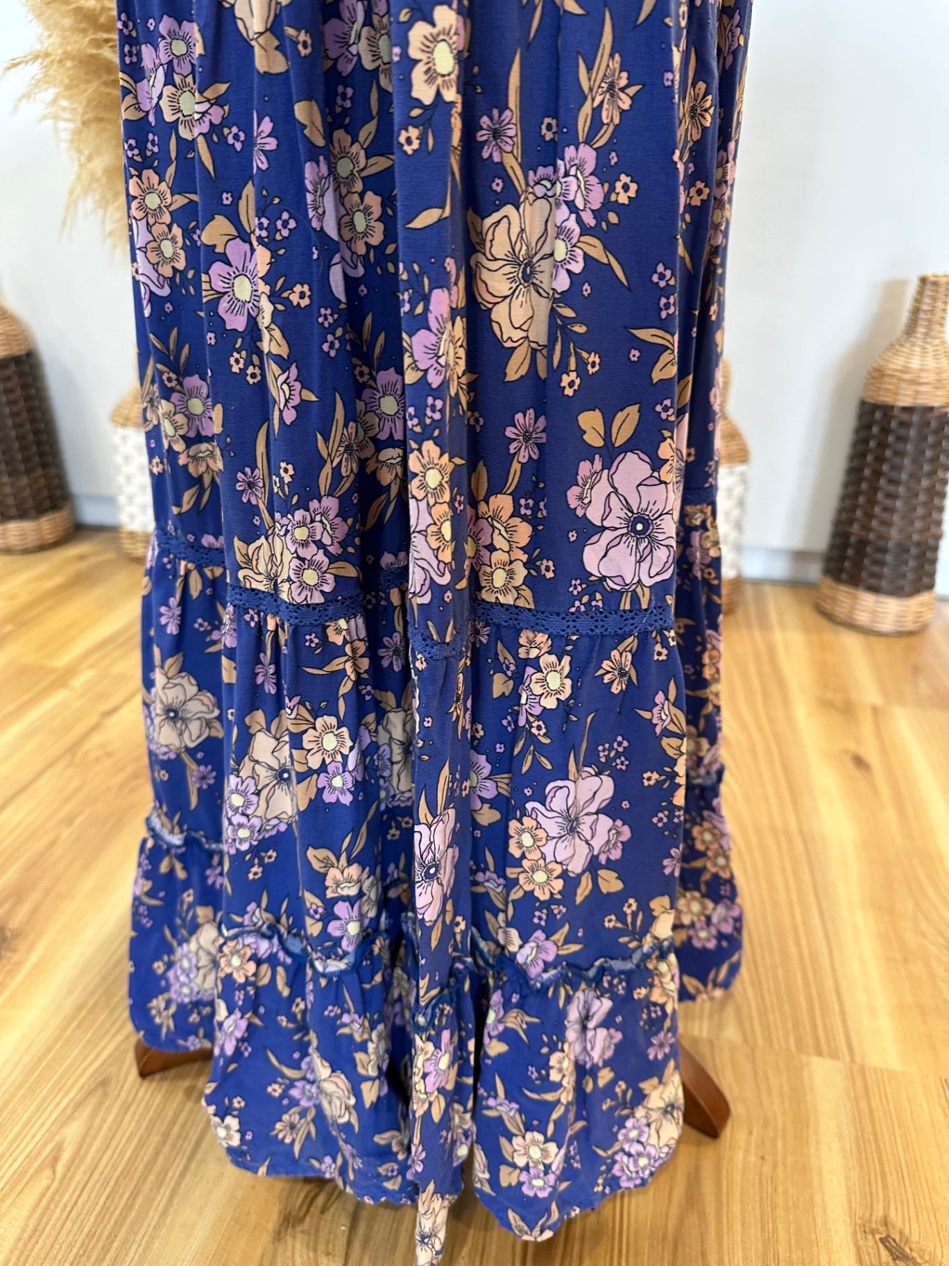 Jaase - Bohemian Maxi Dress - Size Small - Blue with floral pattern