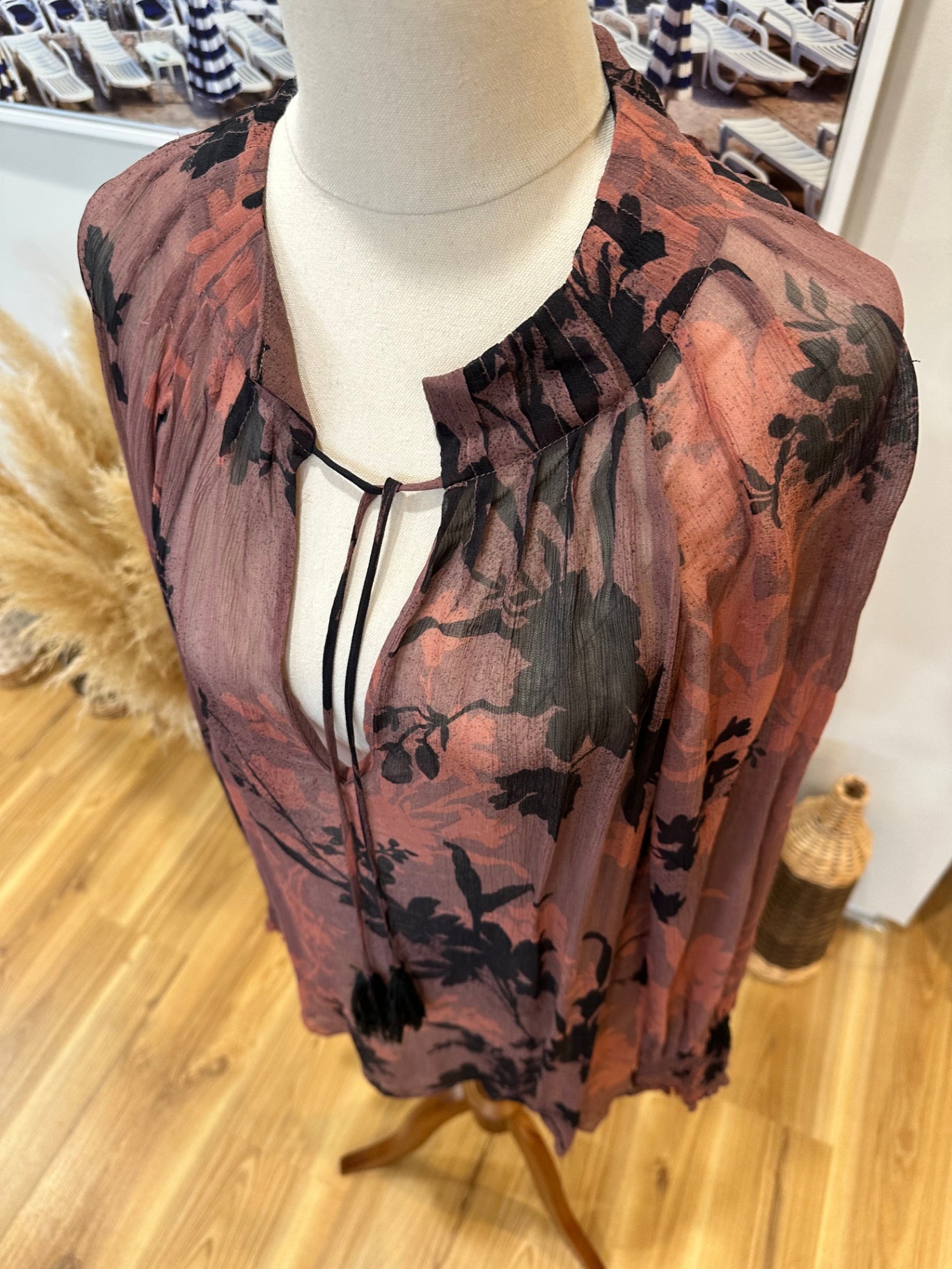 OnceWas - Melbourne - Blouse - Size Small - Pink/Burgundy with black floral pattern