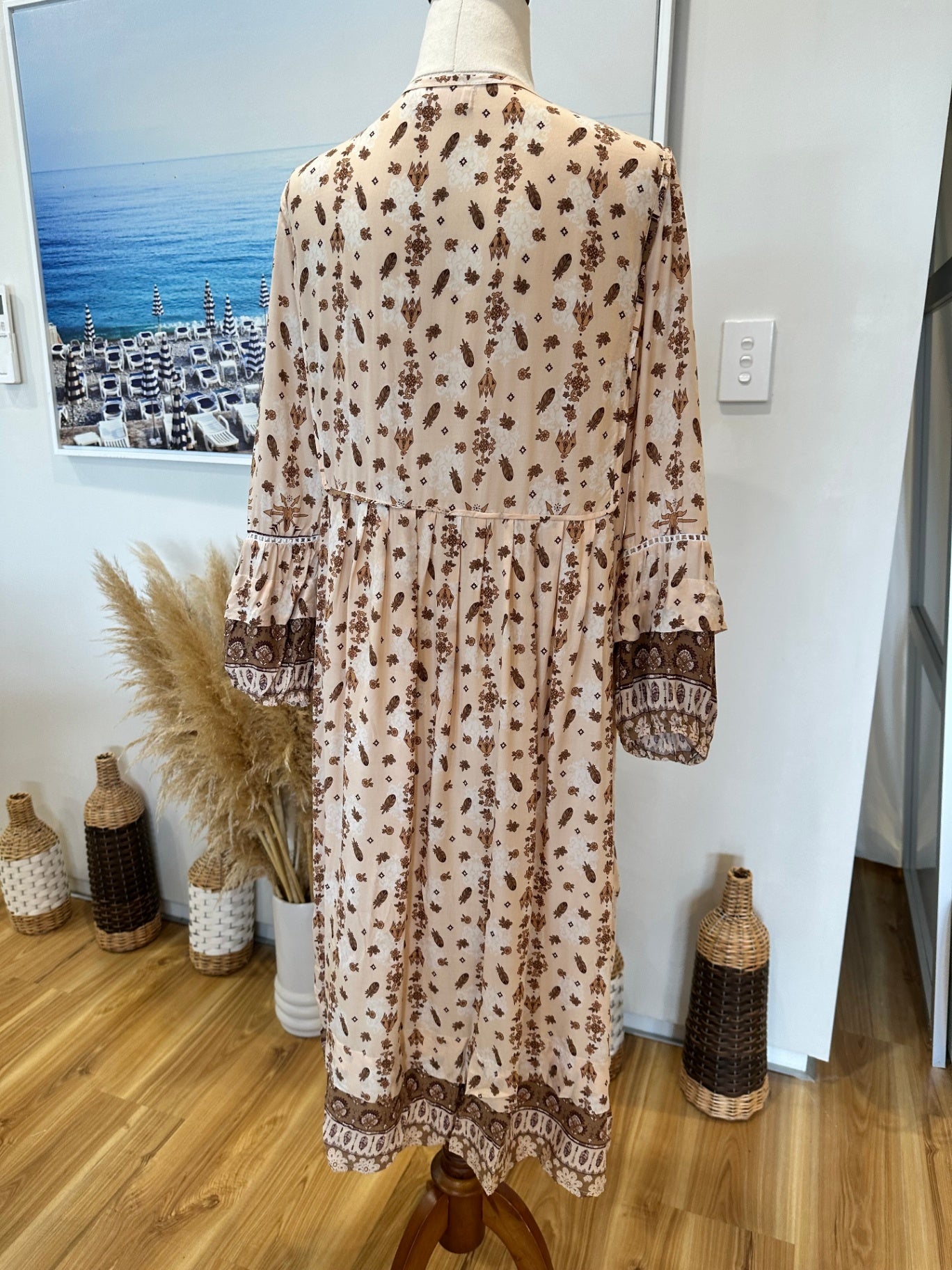 Tanah Folk - Bohemian Dress - Small / Medium - Beige and brown
