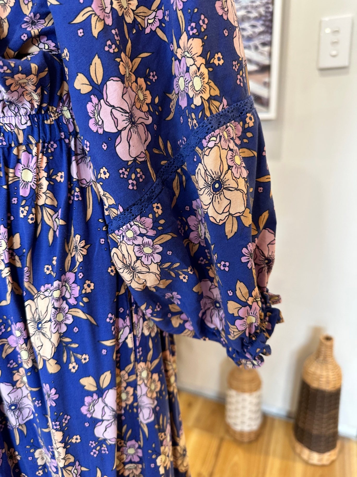 Jaase - Bohemian Maxi Dress - Size Small - Blue with floral pattern