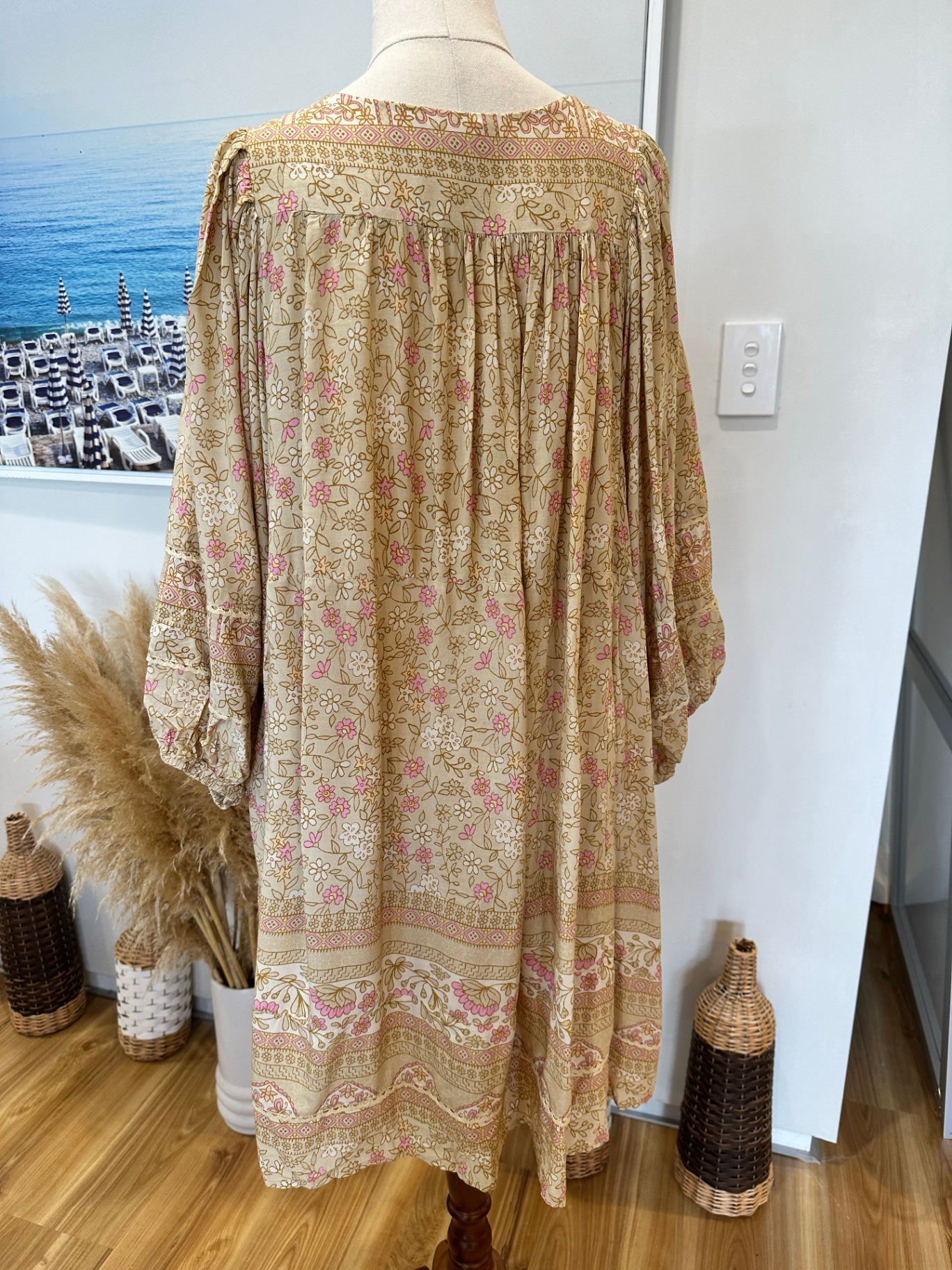 Jaase - Midi Bohemian Dress - Small - Beige & Pink