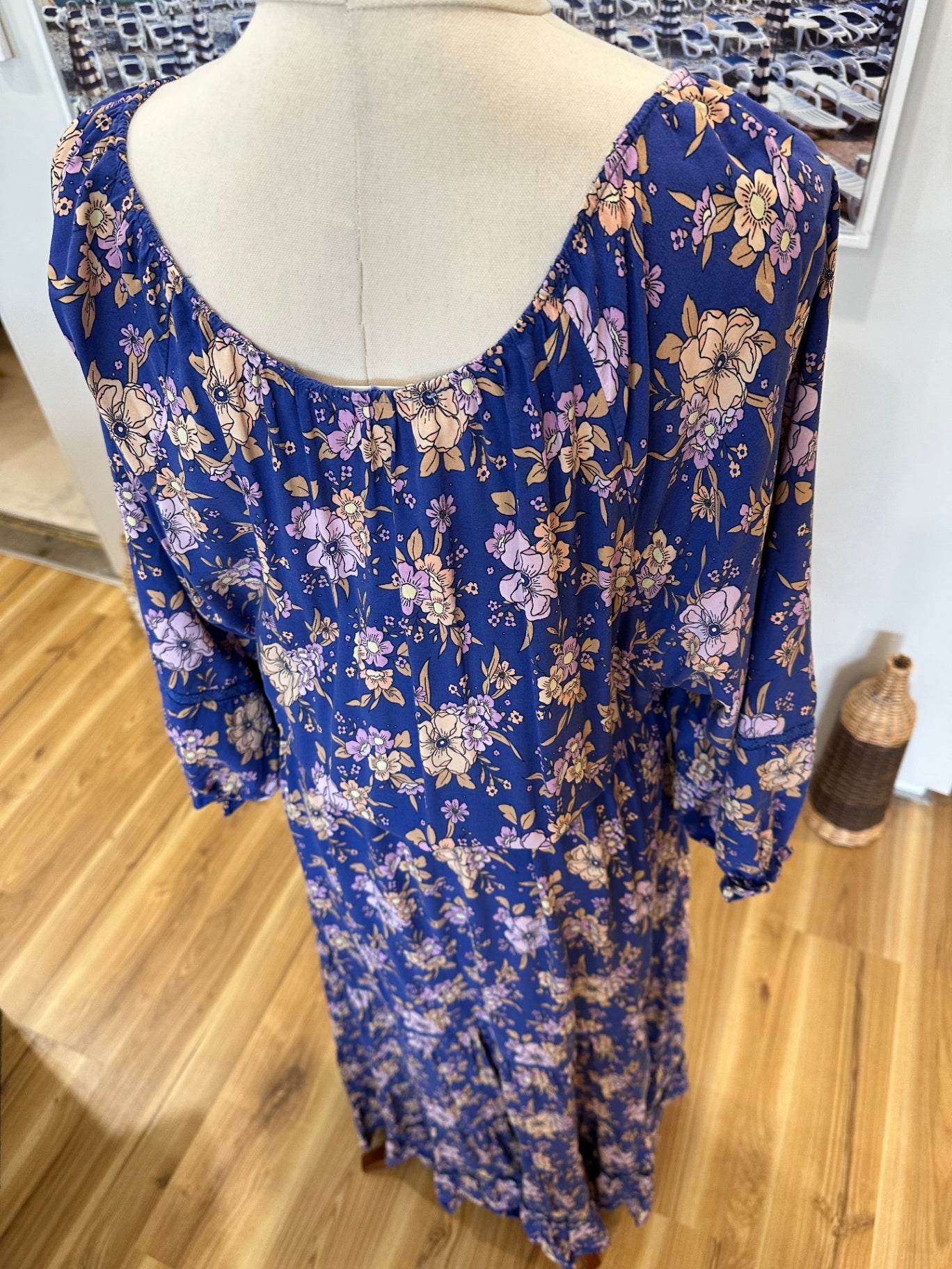 Jaase - Bohemian Maxi Dress - Size Small - Blue with floral pattern