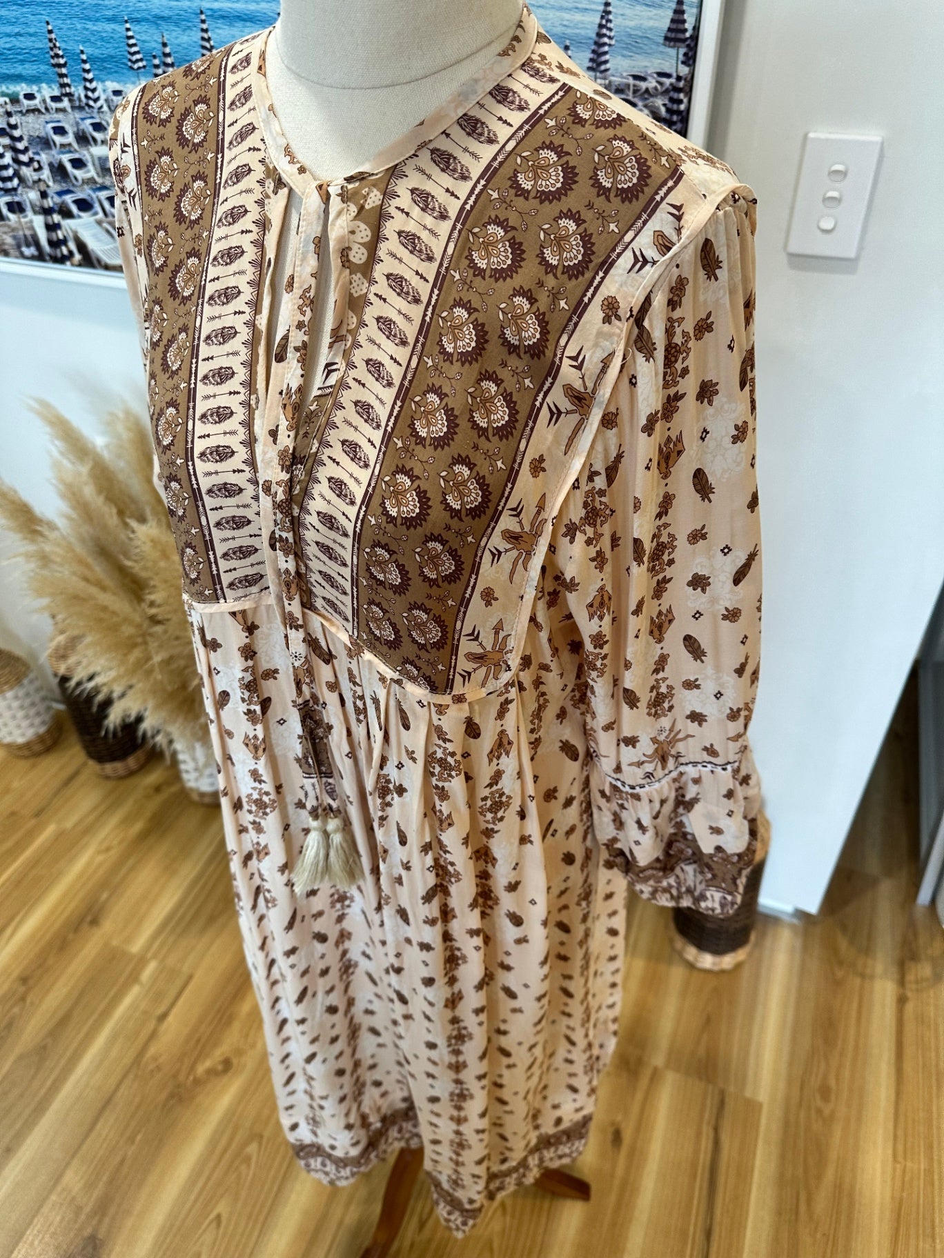Tanah Folk - Bohemian Dress - Small / Medium - Beige and brown