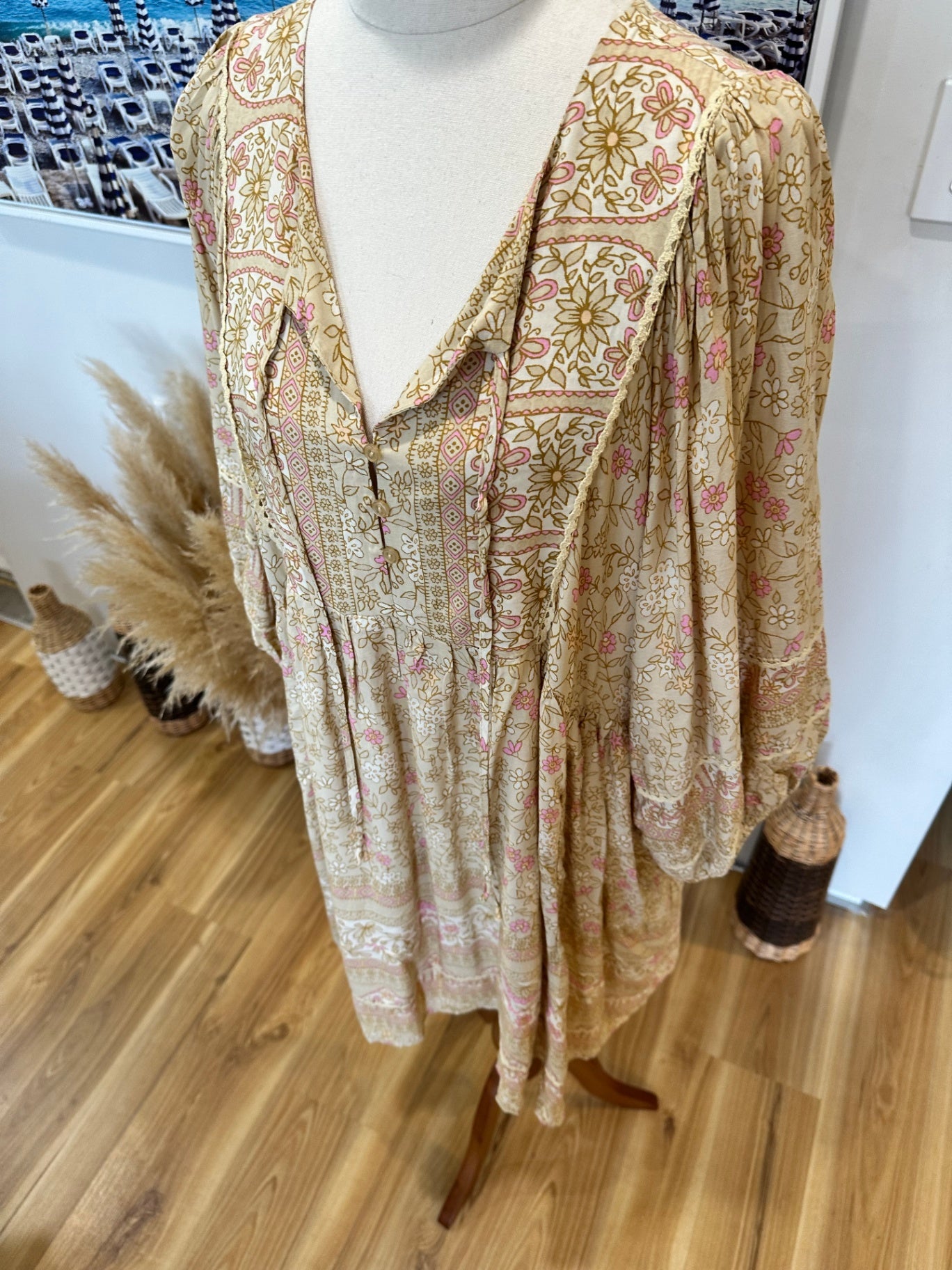 Jaase - Midi Bohemian Dress - Small - Beige & Pink