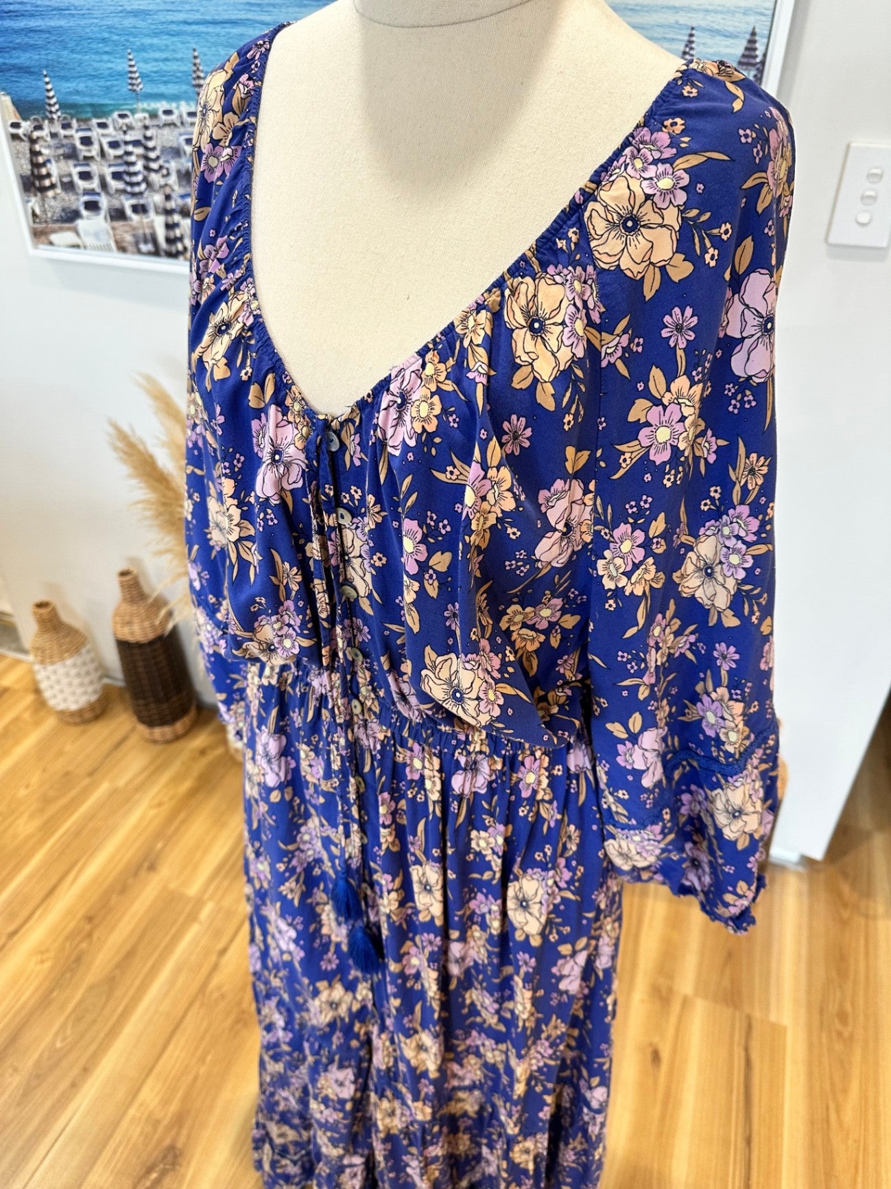 Jaase - Bohemian Maxi Dress - Size Small - Blue with floral pattern