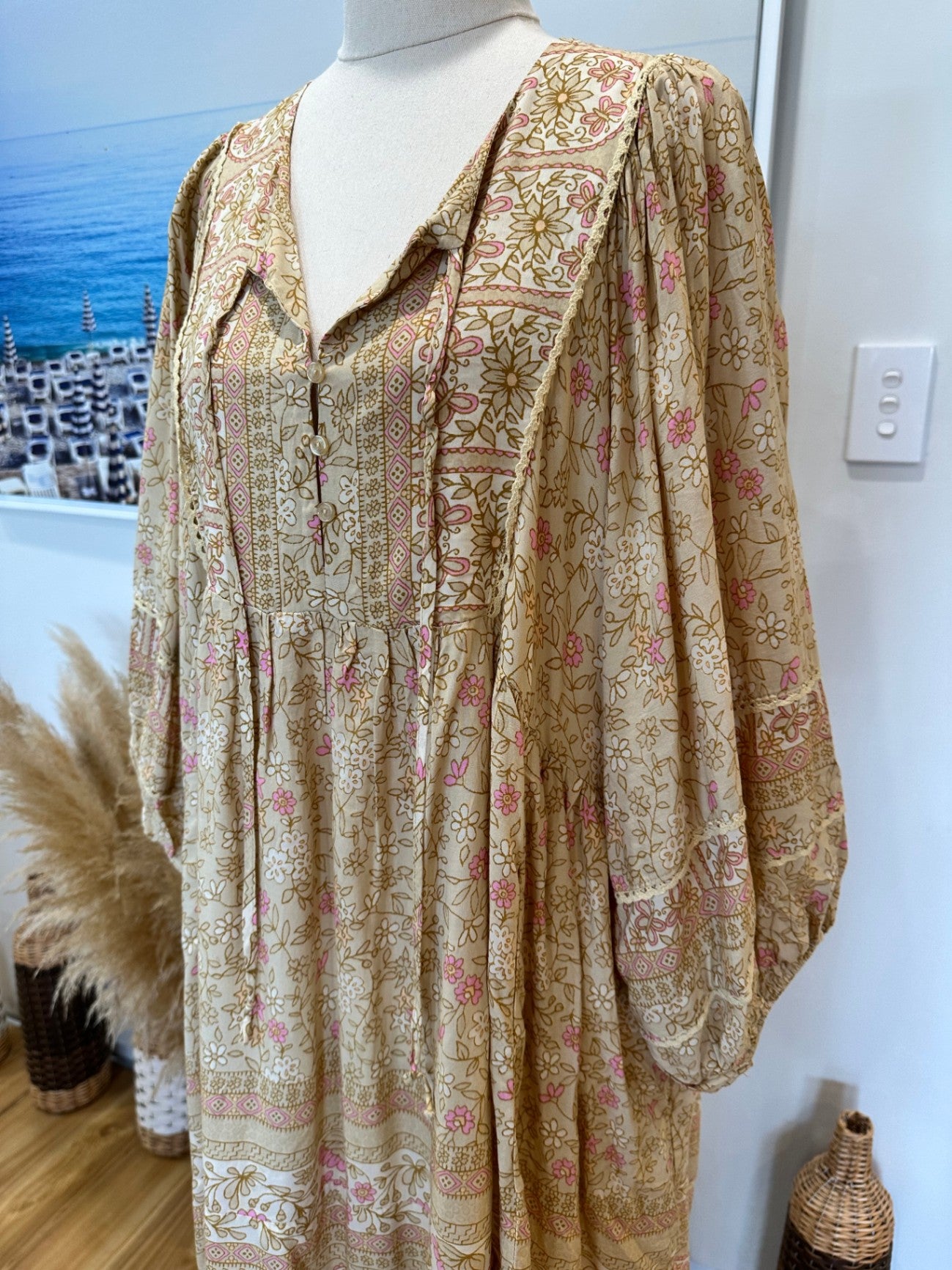 Jaase - Midi Bohemian Dress - Small - Beige & Pink