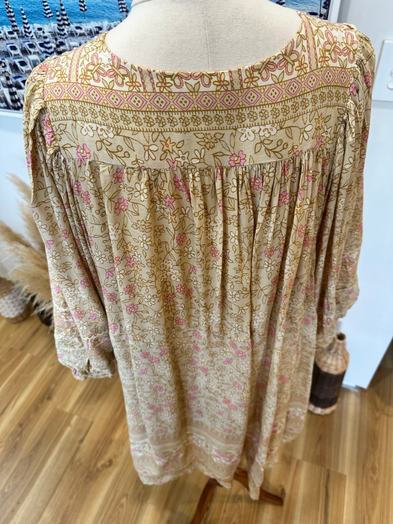 Jaase - Midi Bohemian Dress - Small - Beige & Pink