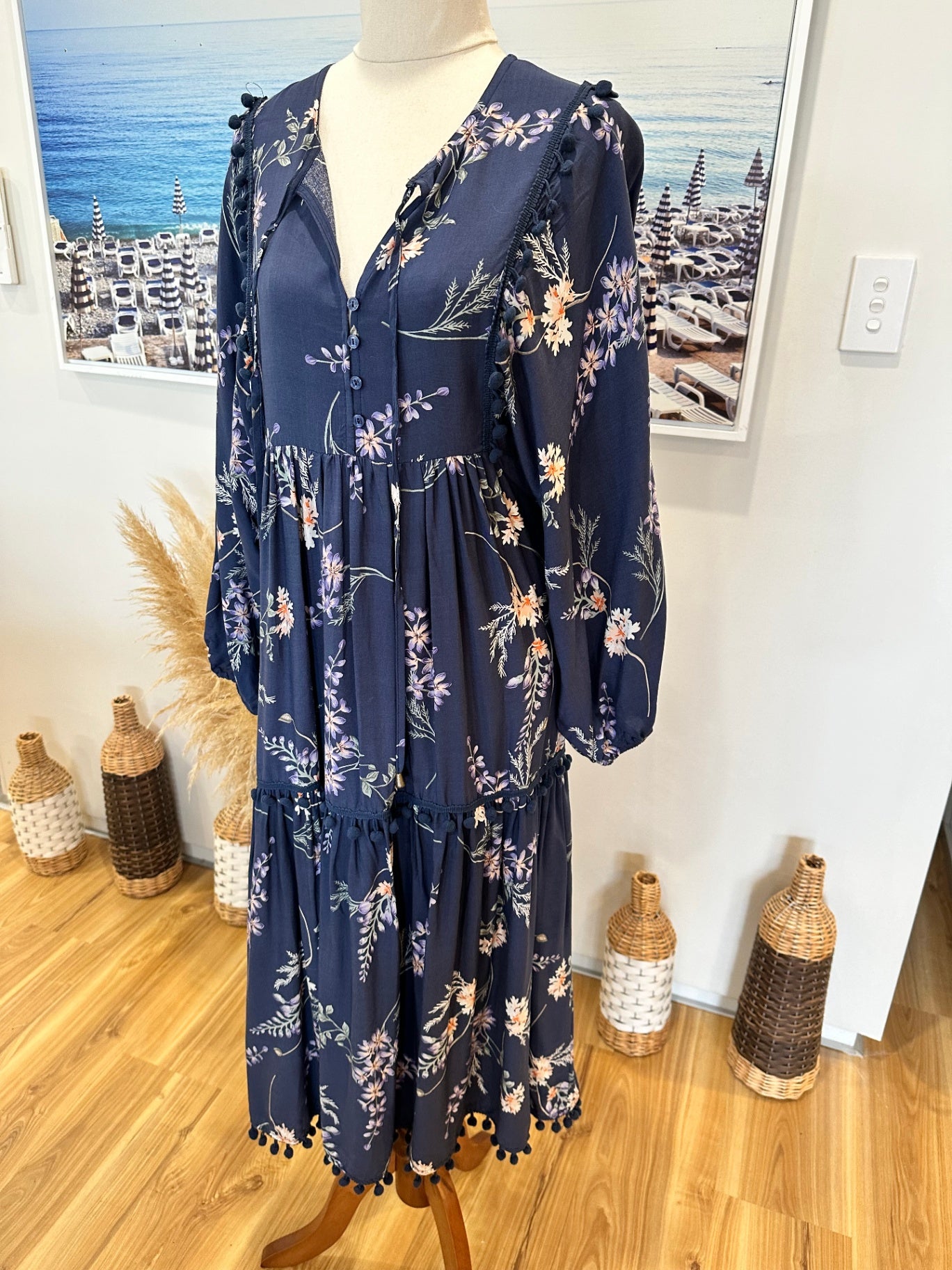 Jaase - Midi Dress - Size Small - Navy blue with floral pattern