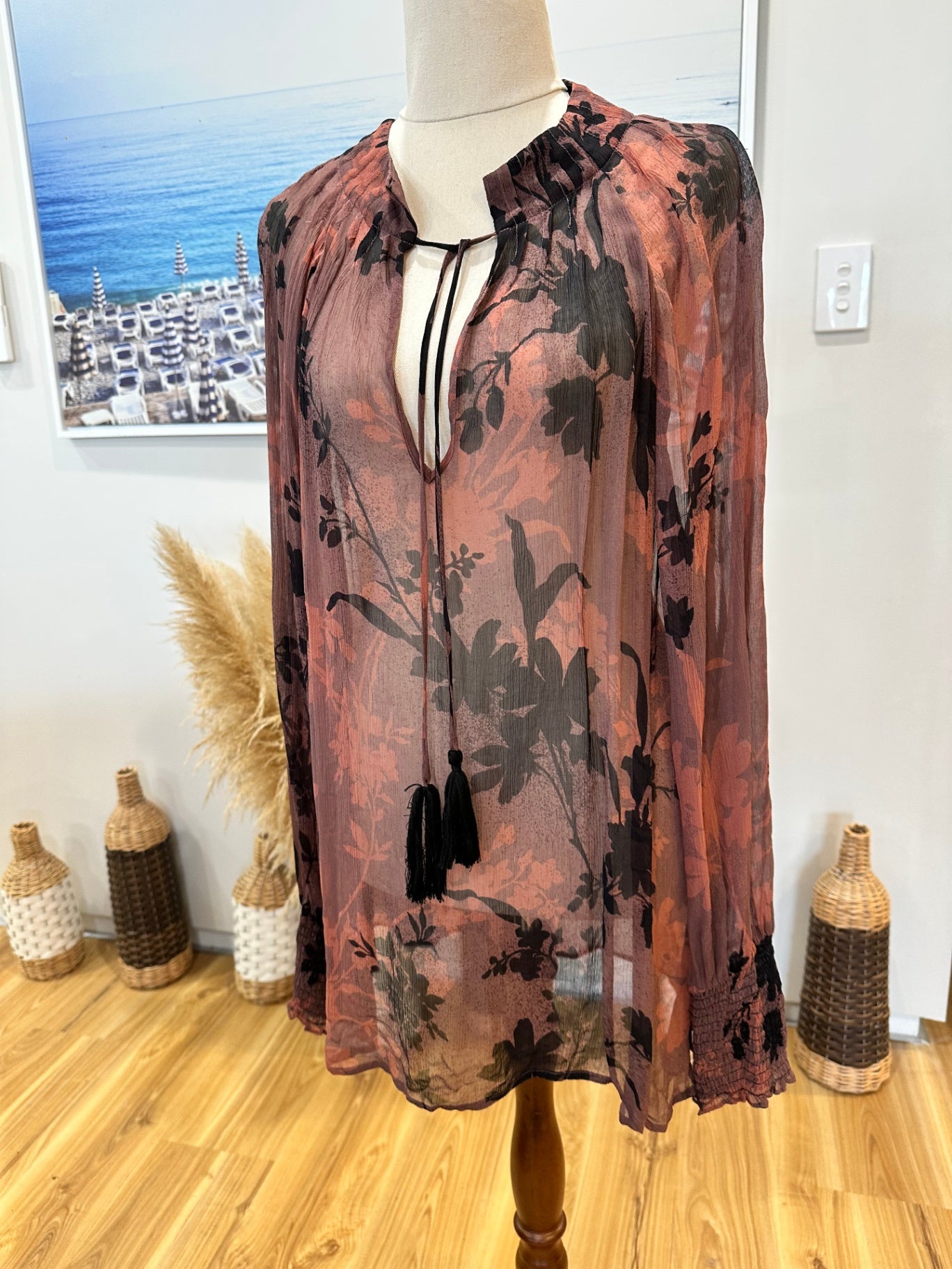 OnceWas - Melbourne - Blouse - Size Small - Pink/Burgundy with black floral pattern