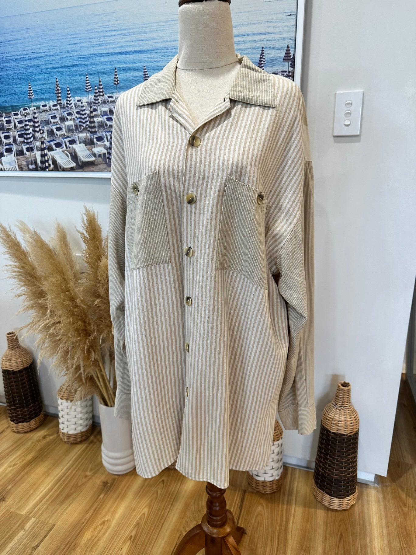 Cecil Gee - Shirt - Extra Large - Beige and white striped