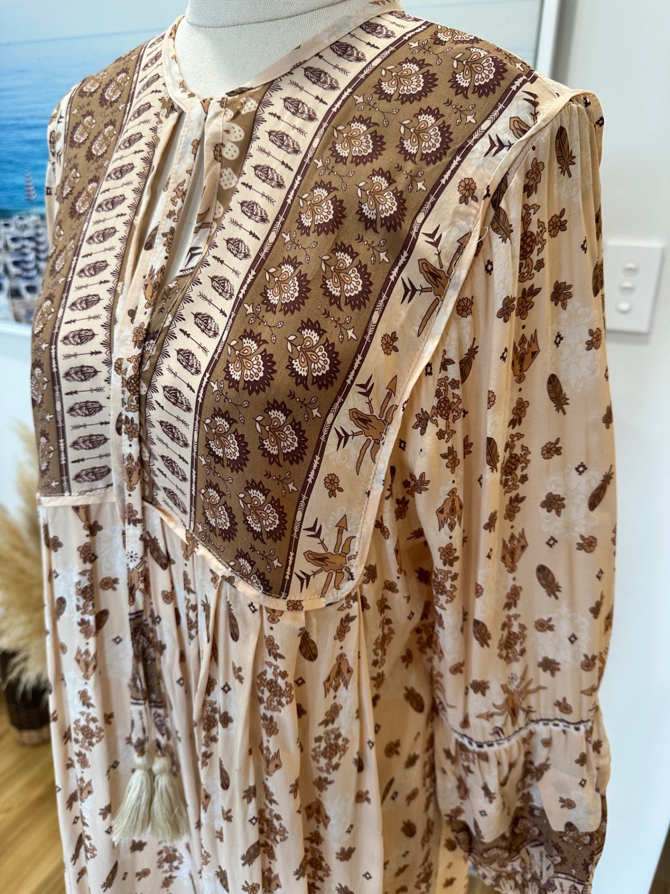 Tanah Folk - Bohemian Dress - Small / Medium - Beige and brown