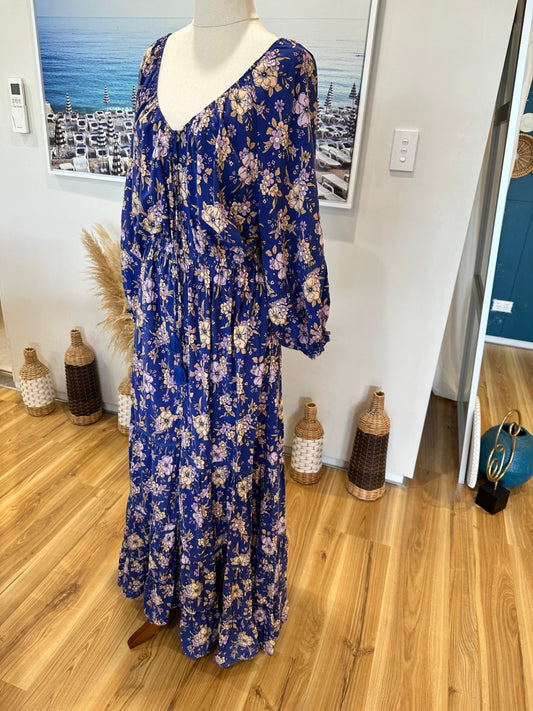Jaase - Bohemian Maxi Dress - Size Small - Blue with floral pattern