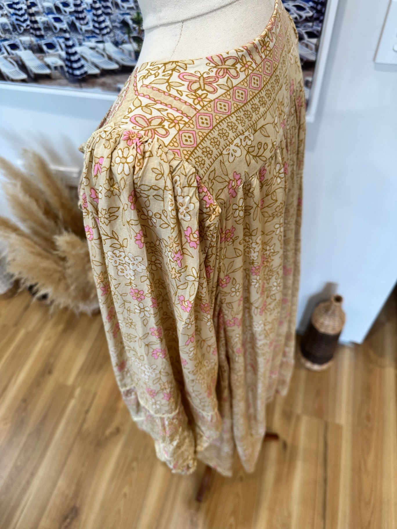 Jaase - Midi Bohemian Dress - Small - Beige & Pink
