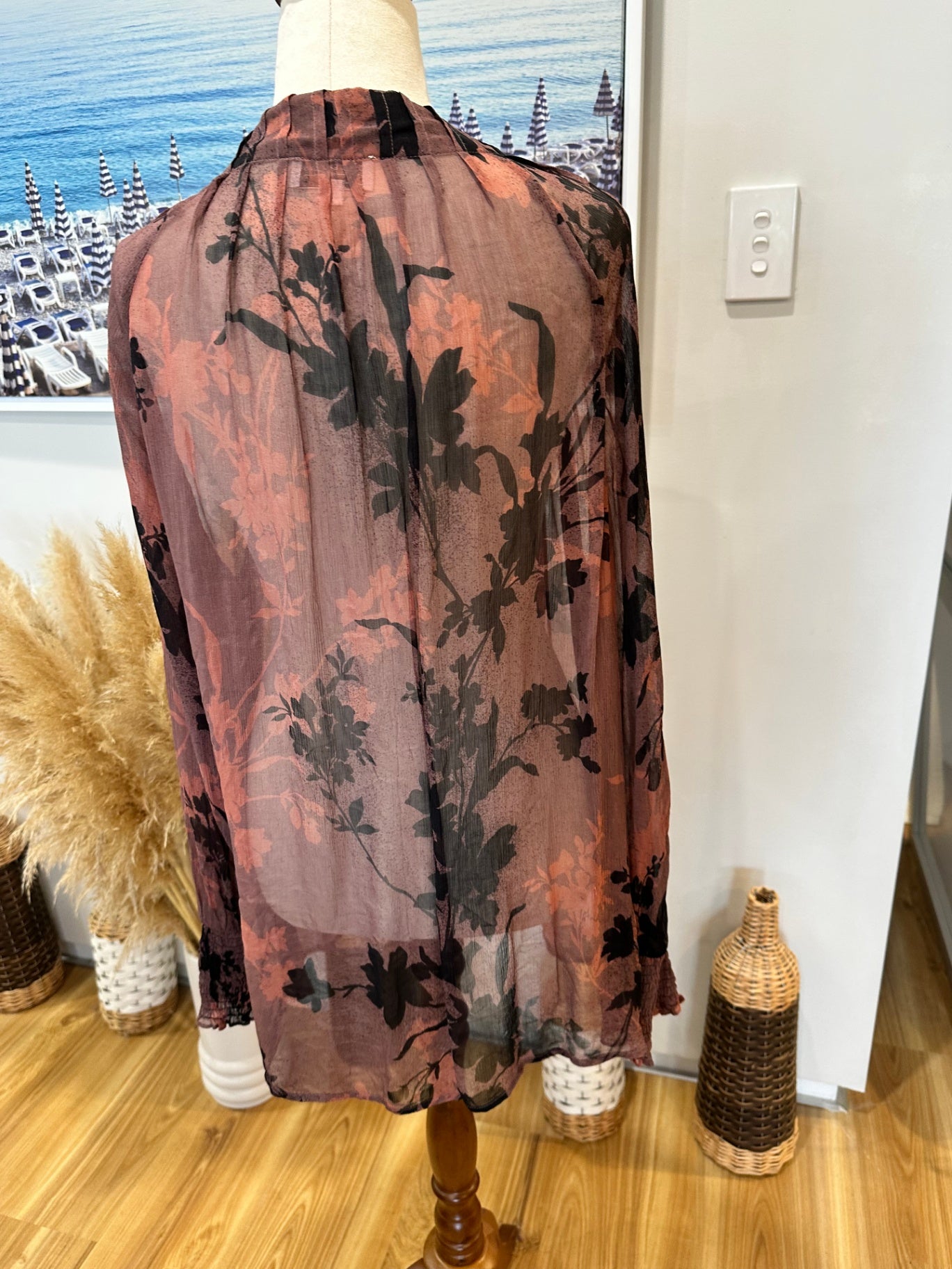 OnceWas - Melbourne - Blouse - Size Small - Pink/Burgundy with black floral pattern