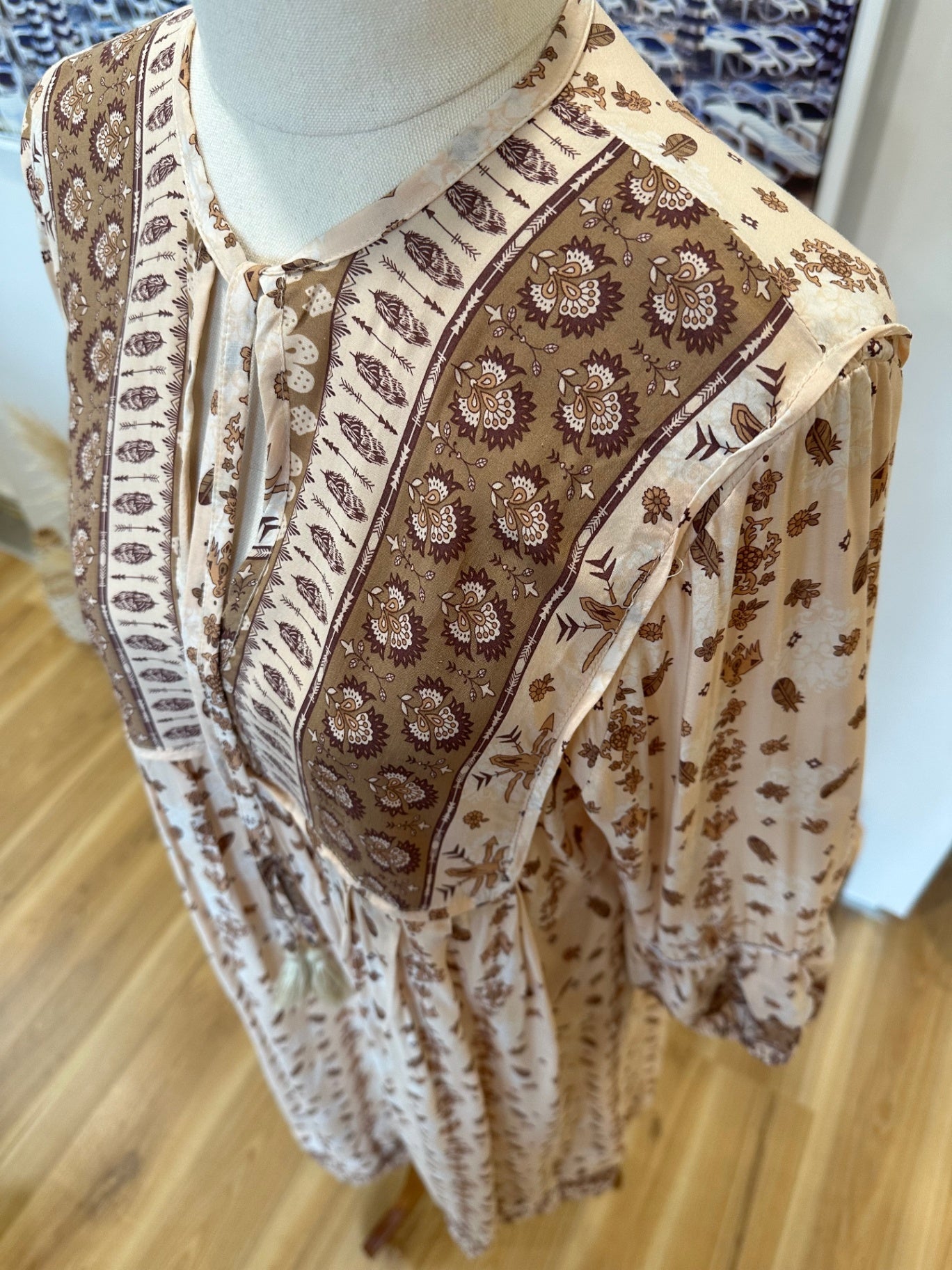 Tanah Folk - Bohemian Dress - Small / Medium - Beige and brown