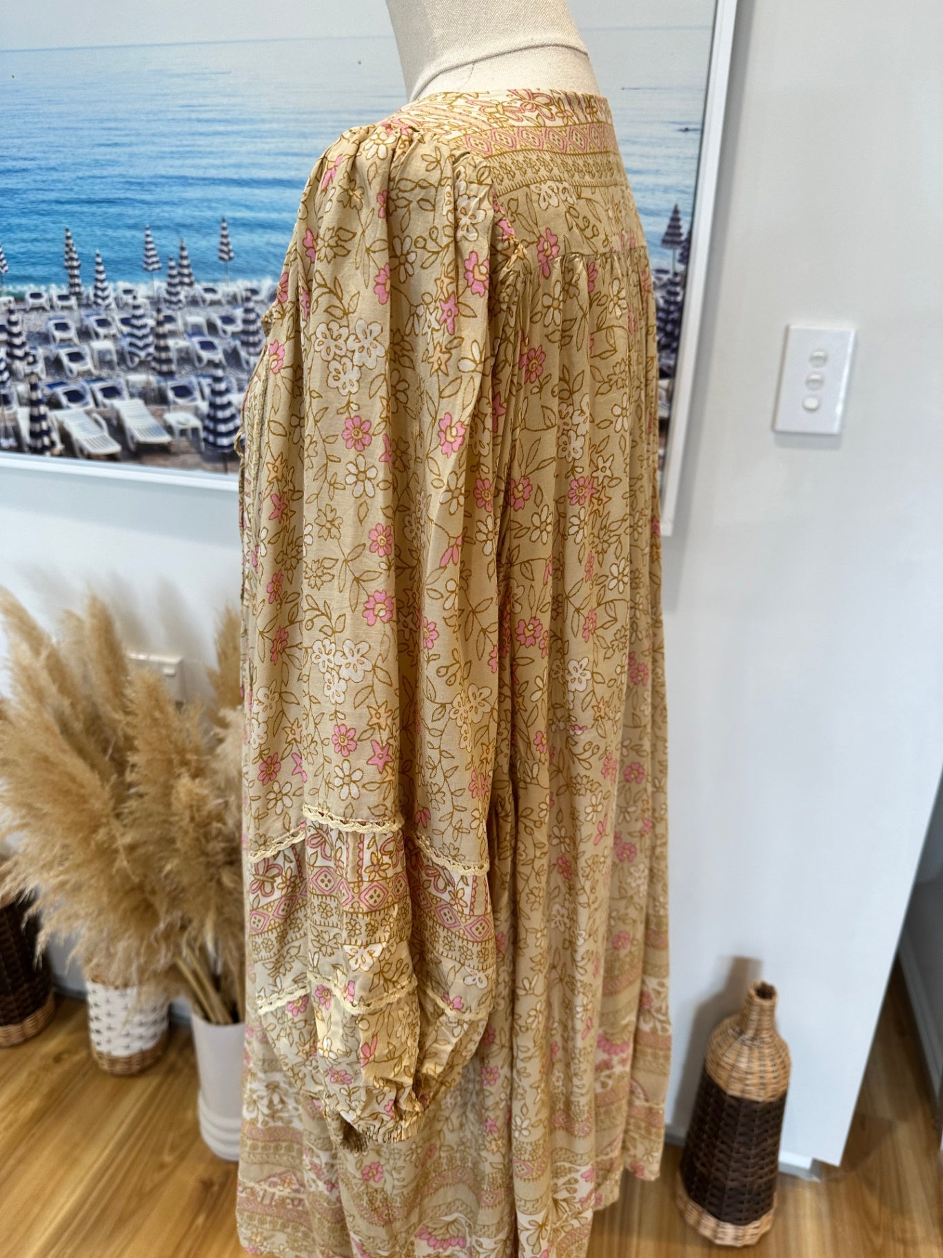 Jaase - Midi Bohemian Dress - Small - Beige & Pink